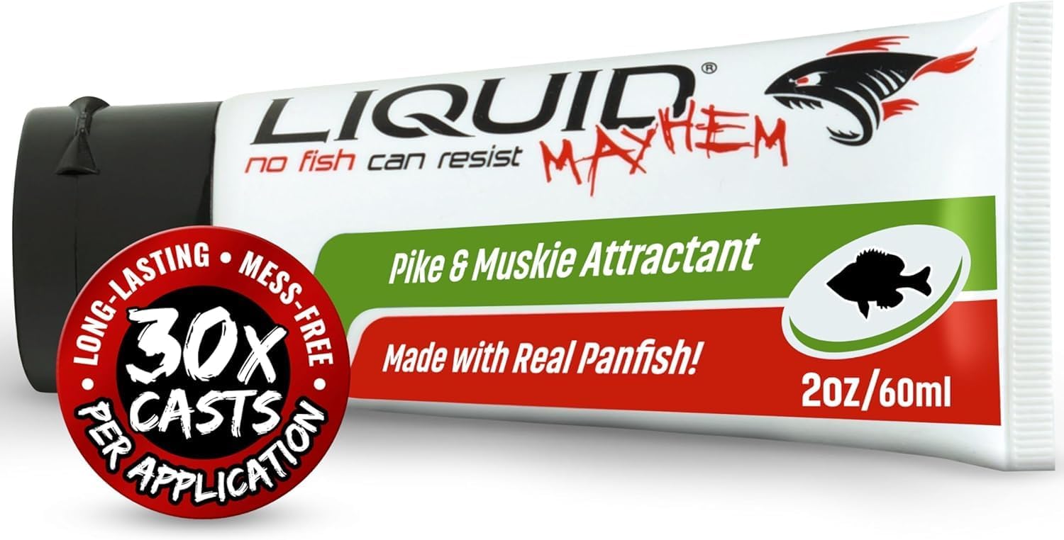 Liquid Mayhem Pike & Musky Fish Attractant Gel 60 ml / 2 oz · 60 Uses – Real Pike & Musky Bait & Aminos | UV-Enhanced Long-Lasting Gel – All Lure Types