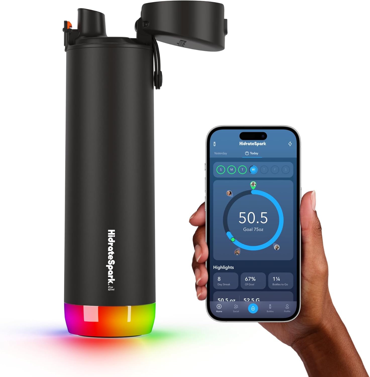 Hidrate Spark PRO Smart Water Bottle – Tracks Water Intake & Glows to Remind You to Stay Hydrated, Chug & Straw lid, 21oz (Black)