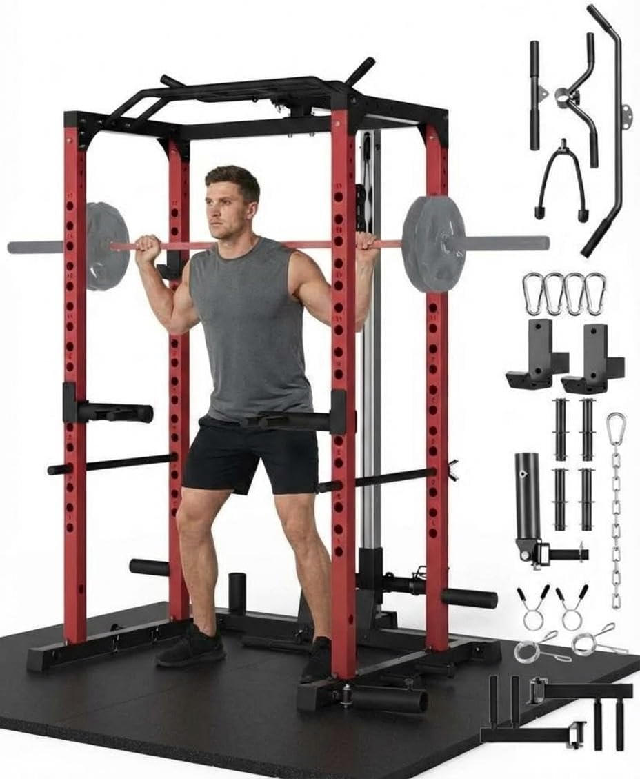 All-in-1 Power Cage with Pulley System, 1200LBS Multi-Functional Squat Rack for Home Gym, Weight Cage Includes LAT Pulldown, Dip Bars and More Attachments