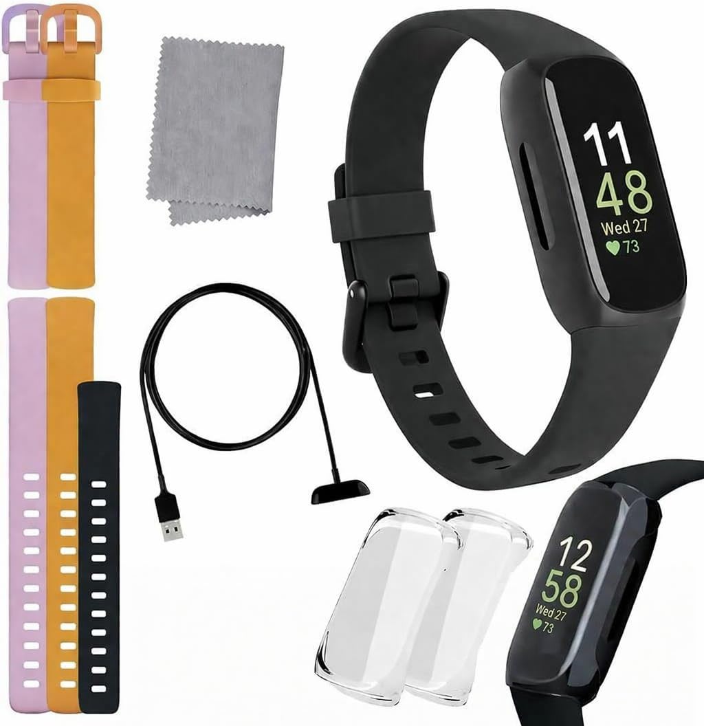 Fitbit Inspire 3 Health & Fitness Tracker Bundle – with Stress Management, Workout Intensity, Sleep Tracking, 24/7 Heart + 2 Silicone Bands, 2 Screen Protectors, Cleaning Cloth & Fast Charger
