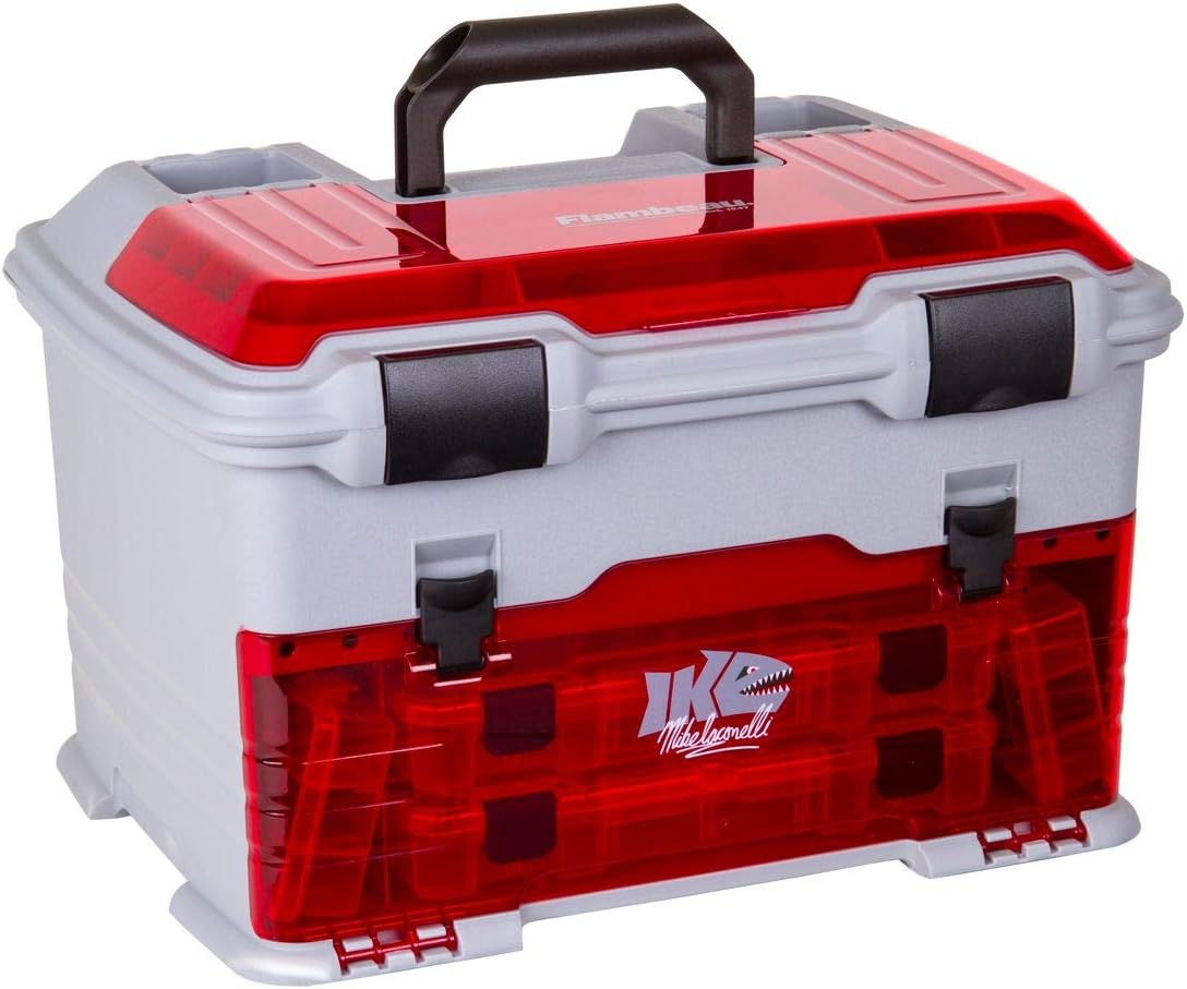 Flambeau Outdoors T5PW “IKE” Multiloader Tackle Box, Fishing Organizer with Tuff Tainer Boxes Included, Zerust Anti-Corrosion Technology – Translucent Red/Gray