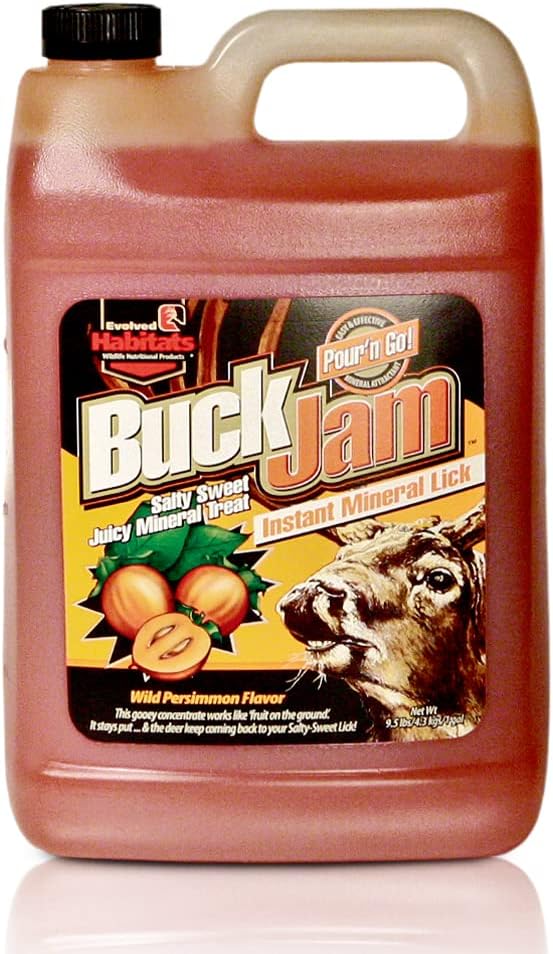Evolved HABITATS Buck Jam Wild Persimmon Flavored Salty Sweet Liquid Deer Attractant – Instant Mineral Lick – Powerful Ready-to-Use Year-Round Beneficial Food Supplement for Deer – 1 Gallon