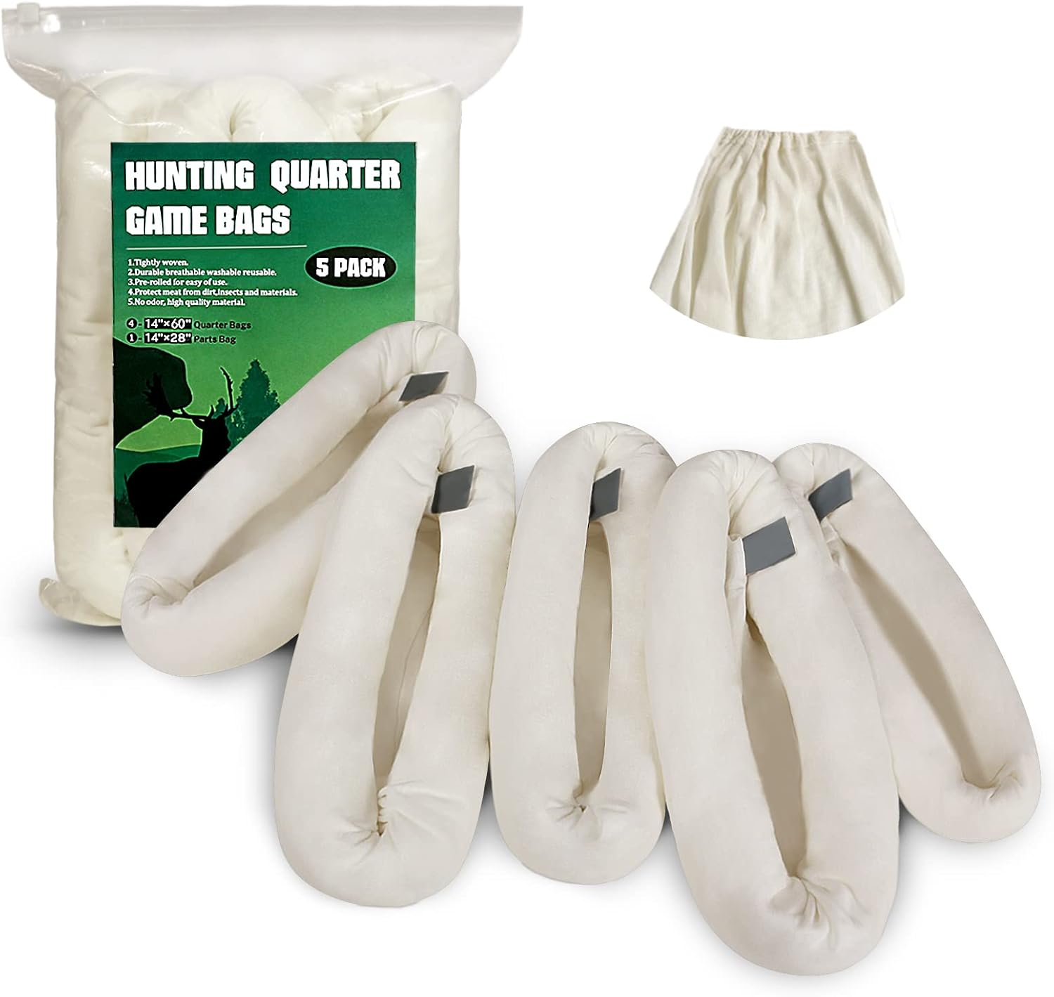Game Bags Elk Hunting Meat Bags, 48inch/60inch 5-Pack Rolled Heavy Duty Quarter Bags, Reusable & Breathable Meat Game Bags with Reflective Strip for Elk, Caribou, Deer, Moose, Antelope, Duck