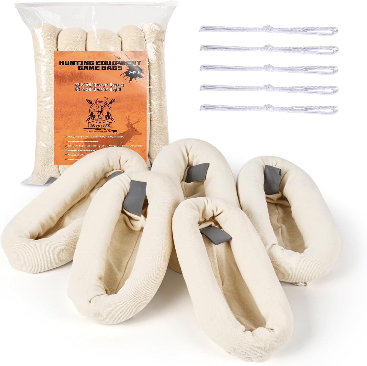 Qiullen 5-Pack Cotton Game Bags for Hunting – Breathable Meat Storage Bags for Elk, Deer, Caribou & Moose | Reusable, Washable with Reflective Strips & Ropes |4×48+ 1×28