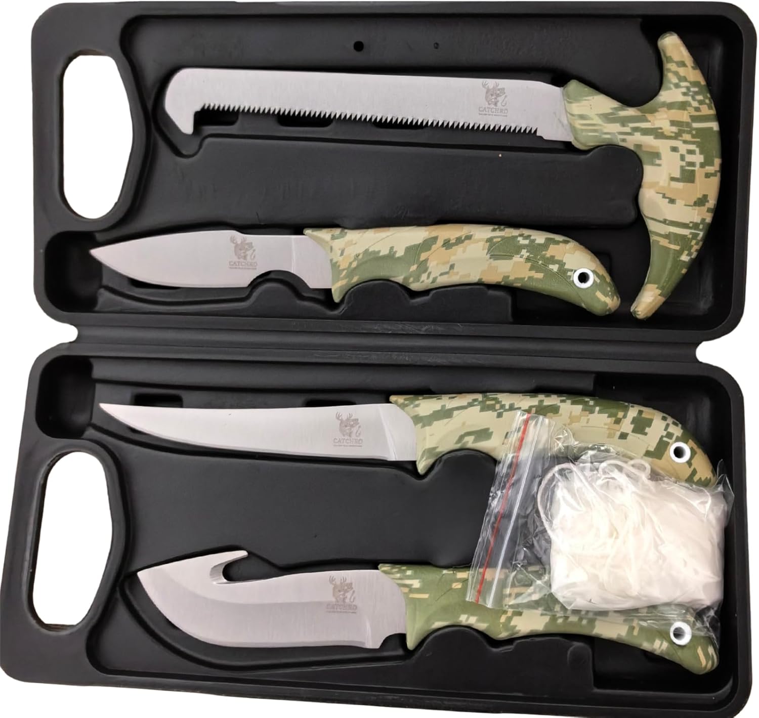 CATCHRO Hunting Knife Set 4 PCS Deer Gutting Kit with Bone Saw, Skinning Knife & Gut Hook Knife – Outdoor Knife Set with Gloves & Case, Survival Knife, Hunting Gear, Camping Hunting Accessories, Outdoor Gifts for Men