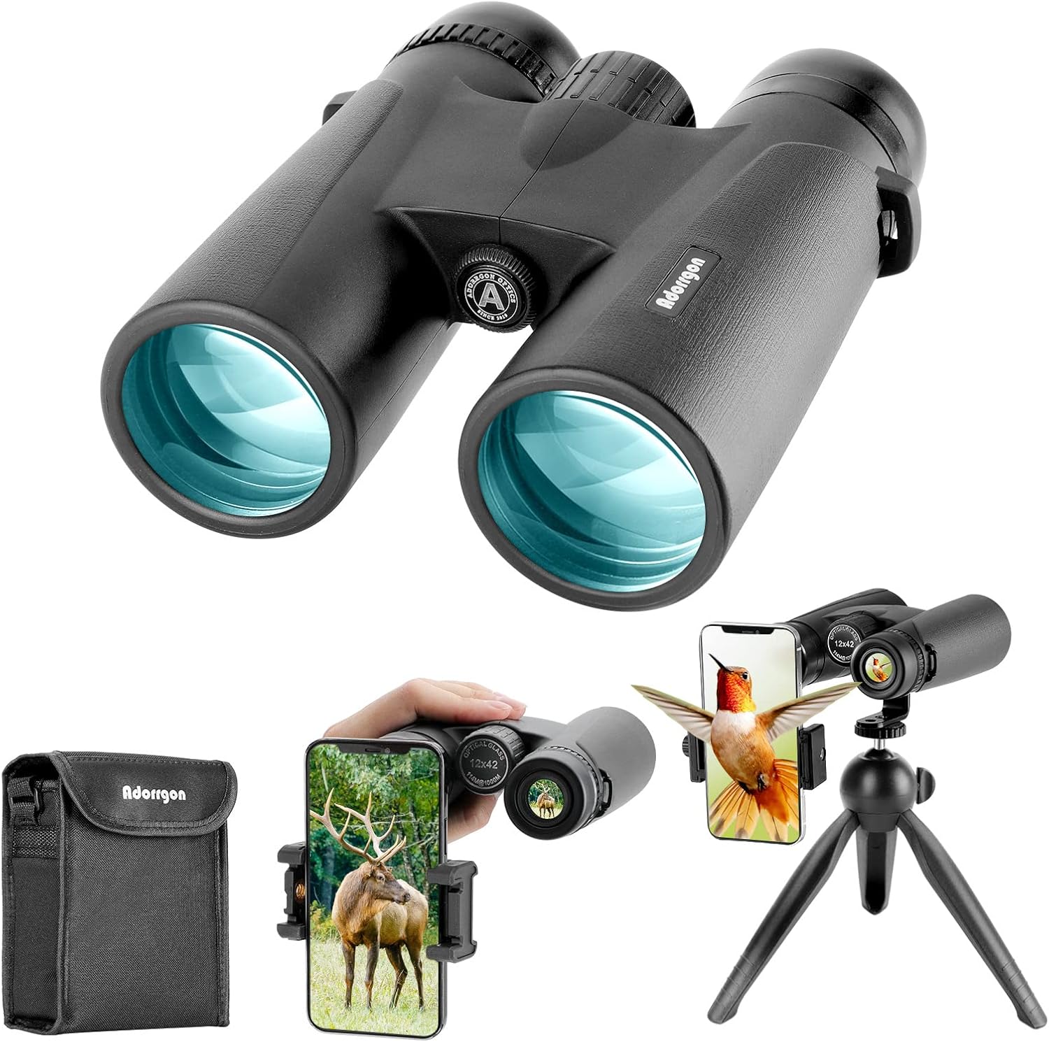 Adorrgon 12×42 HD Binoculars for Adults High Powered with Phone Adapter, Tripod and Tripod Adapter – Large View Binoculars with Clear Low Light Vision – Binocular for Bird Watching Cruise Travel