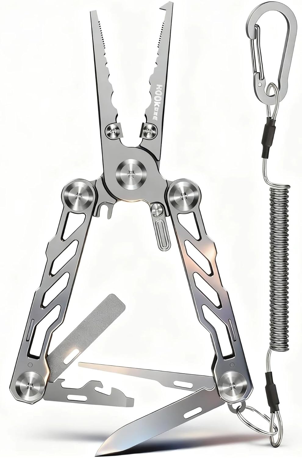 HOOK-EZE Folding Fishing Pliers, 5-in-1 Saltwater Resistant Multitool with Tungsten Line Cutters, Hook Remover, Knife, Screwdriver, Bottle Opener, Sheath & Lanyard for Outdoor, Camping & Fishing
