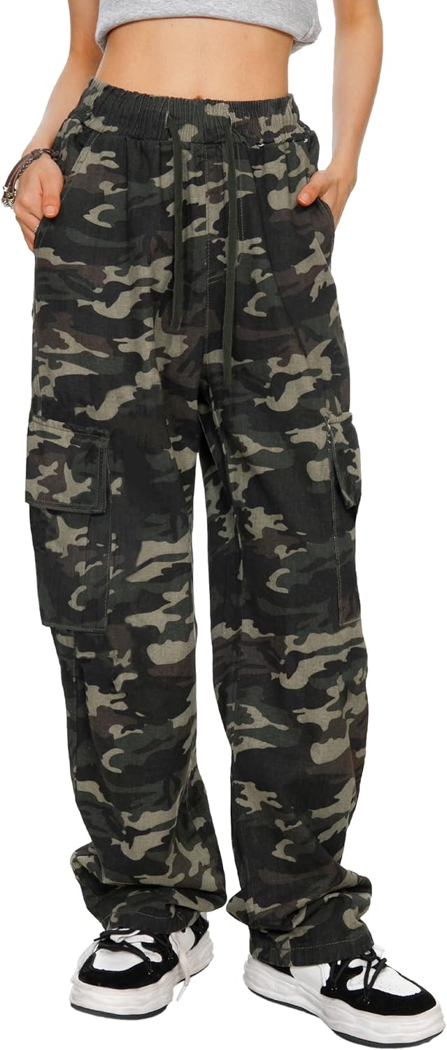 HVEPUO Camo Pants Women High Waisted Wide Leg Casual Y2K Camoflage Cargo Pants Baggy Elastic Waist Straight Jeans Trousers