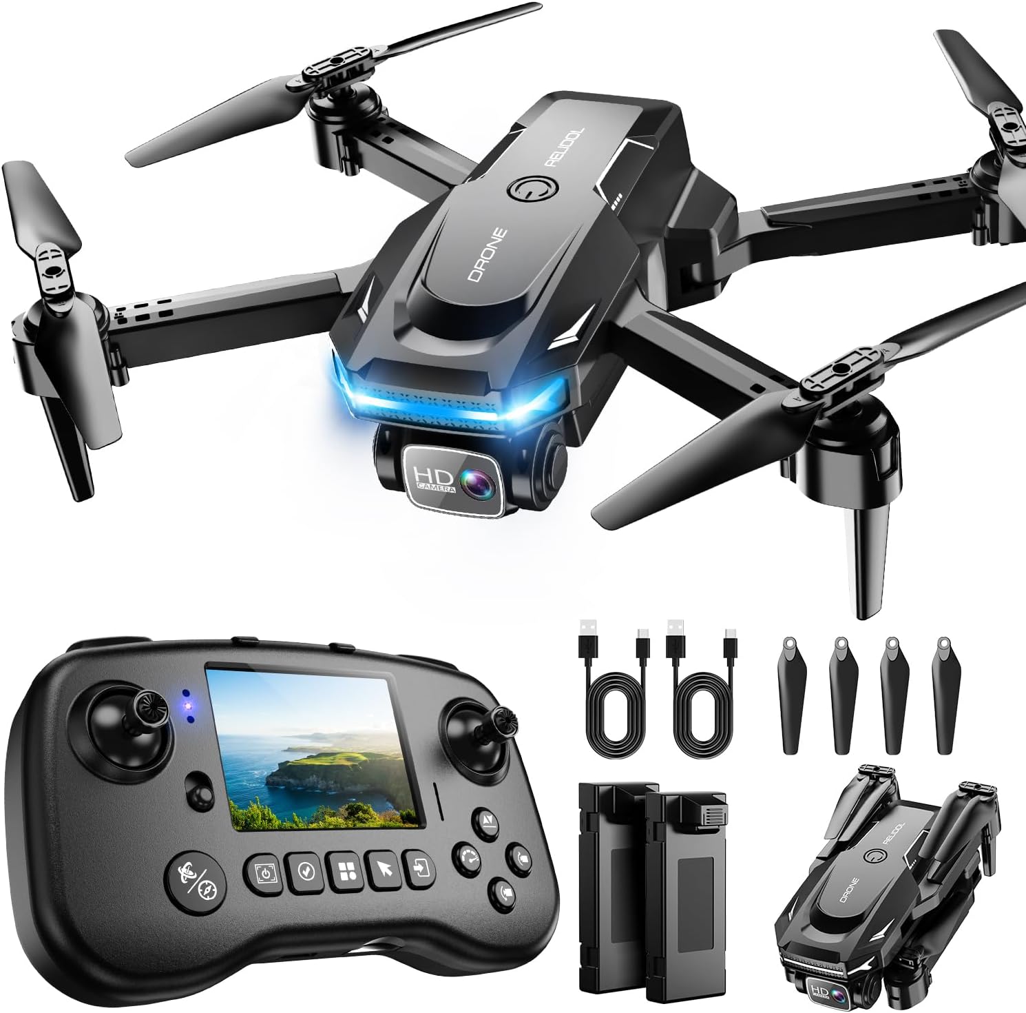 Drone with Camera – Drone with Screen on Controller for Beginners, Foldable Remote Control Quadcopter with Gesture Control, 3D Flip, One Key Start, Emergency Stop, 2 Batteries, Easier to use