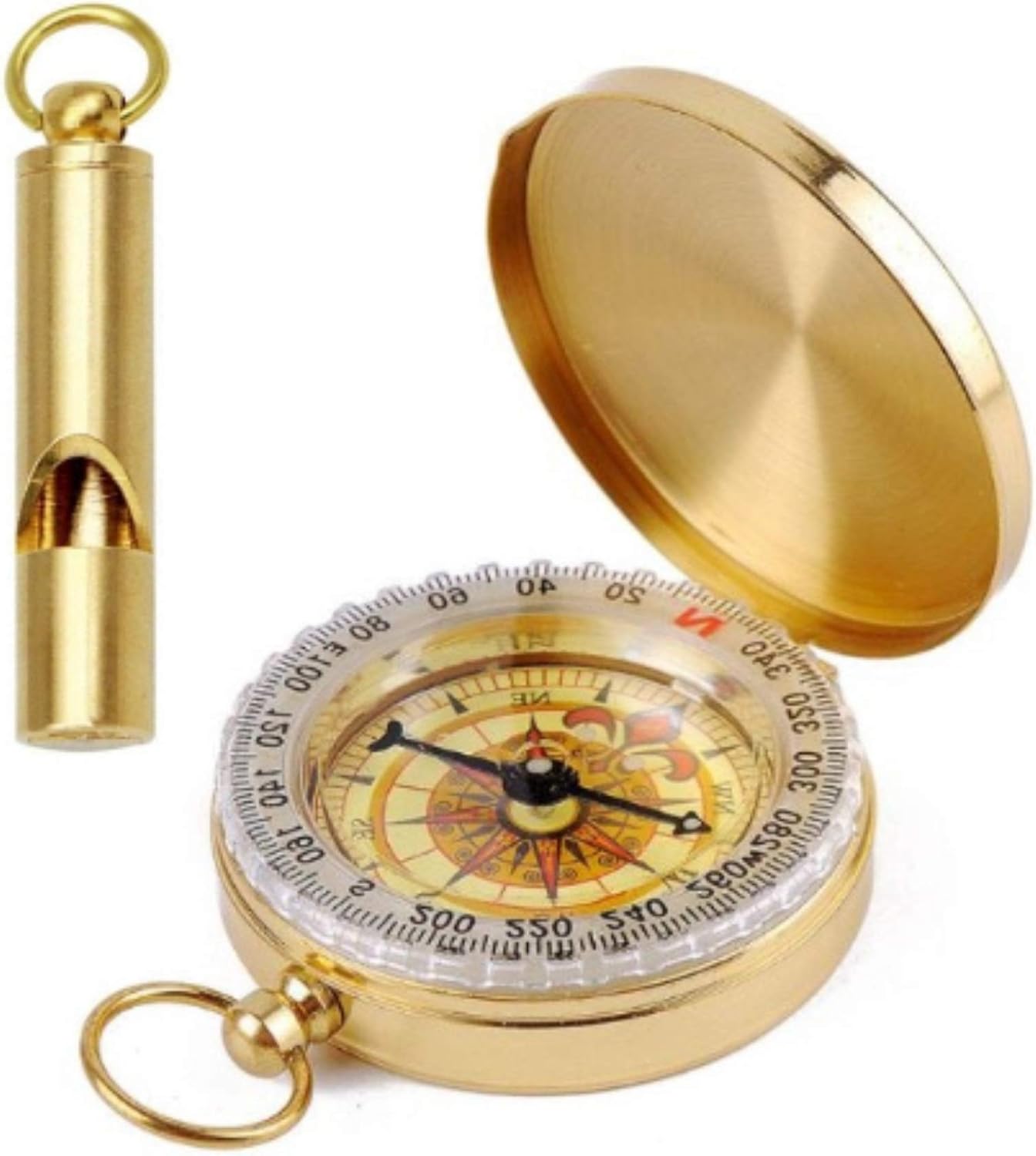 Brass Compass with Solid Brass Whistle – Survival Set – 105 Decibels – Carry in Pocket or on Necklace – Two Pieces