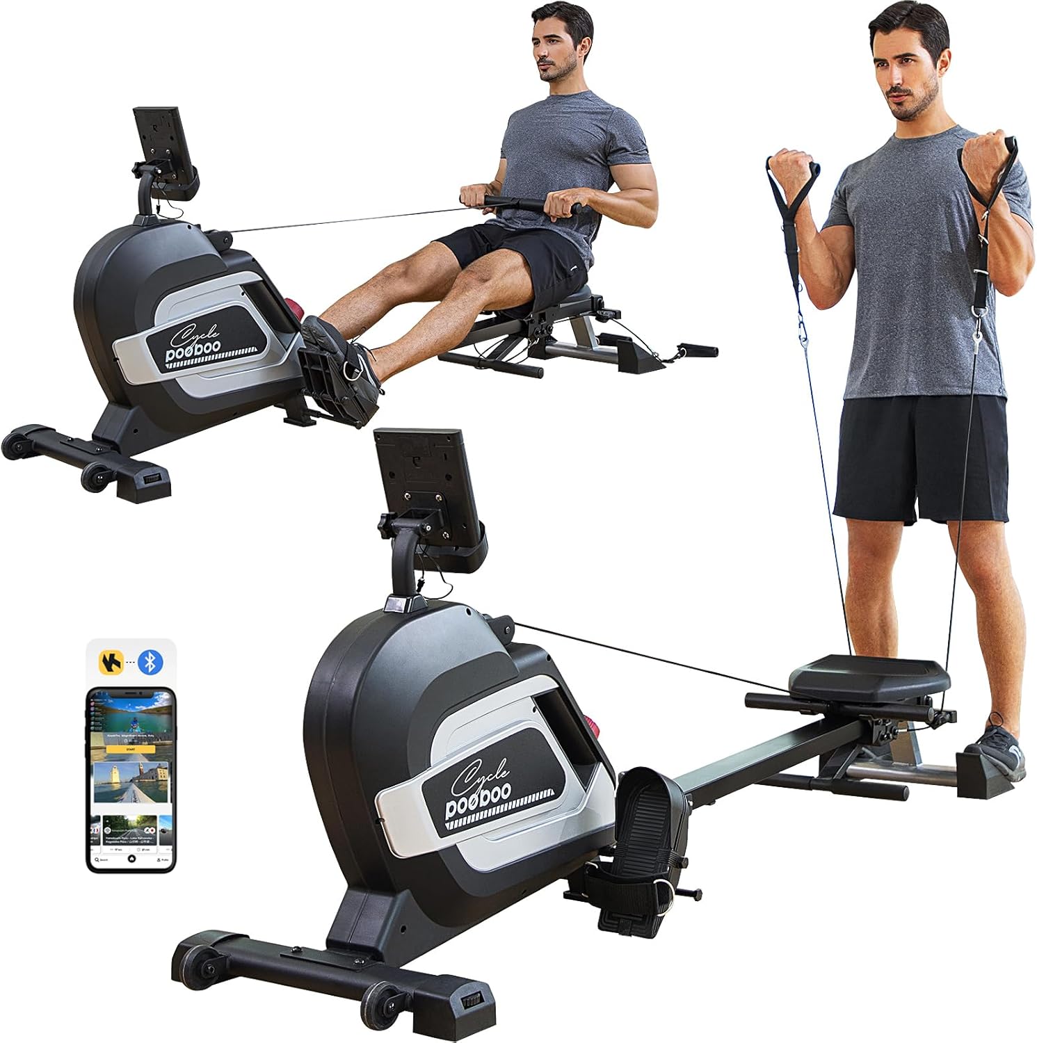 pooboo Rowing Machines for Home, Magnetic Rowing Machine with Adjustable Resistance, Folding Rower Machine of Quiet, 360lbs Weight Capacity, Comfortable Seat Cushion, LCD Monitor, App Support