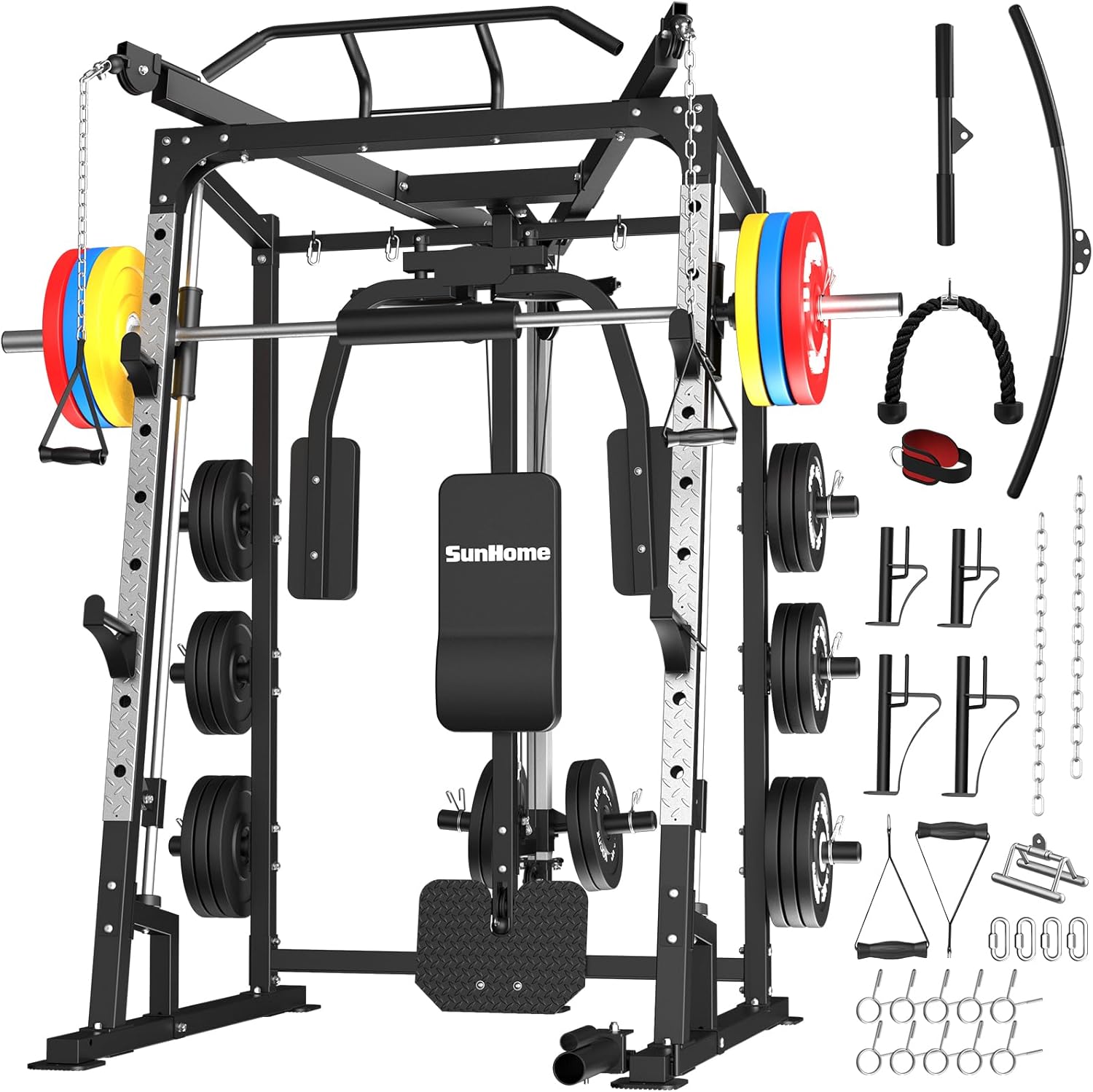 SunHome Smith Machine, Power Cage Squat Rack with Smith Bar, LAT Pull-Down Systems, Cable Crossover Machine and Cable Attachment for Home Gym
