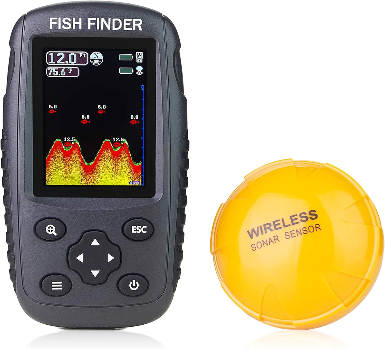 Portable Rechargeable Fish Finder Wireless Sonar Sensor Fishfinder Depth Locator with Fish Size, Bottom Contour, Color LCD Display