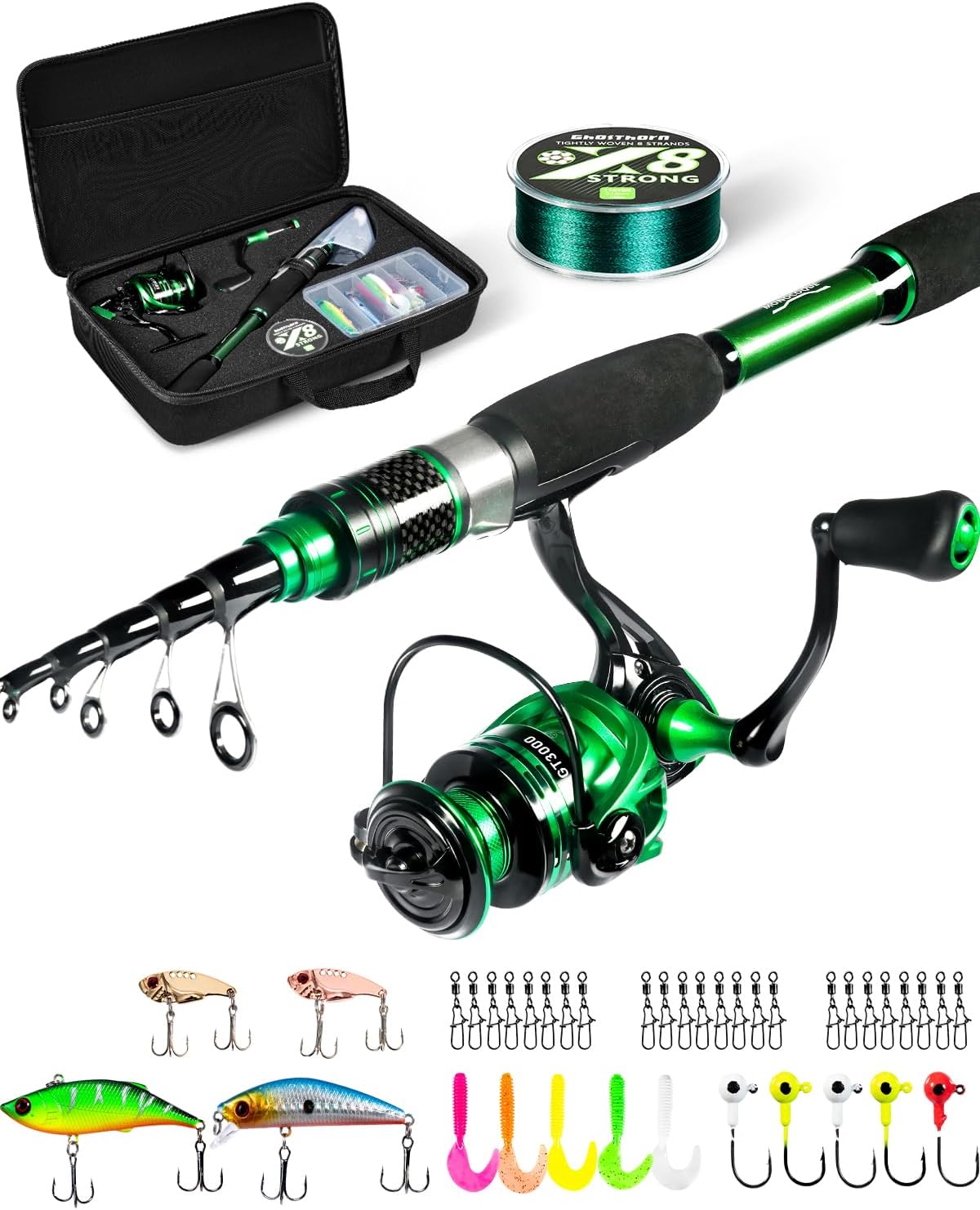 Ghosthorn Fishing Rod and Reel Combo Graphite Telescoping Fishing Pole Portable Travel Kit with Carrier Bag for Freshwater Saltwater