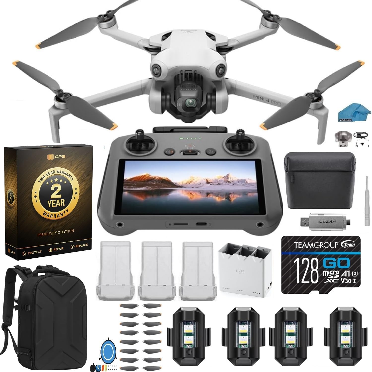 DJI Mini 4 Pro Folding Drone with RC 2 Remote (With Screen) Fly More Combo, 4K HDR Video Camera for Adults, Under 249g, Omnidirectional Sensing, 3 Batteries Bundle with 128 gb SD Card Strobe Lights and More with 2 Year extended Warranty