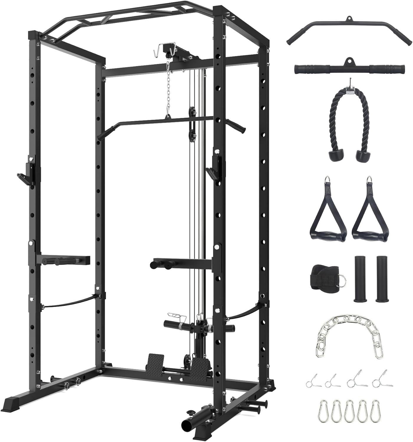 GarveeLife Power Cage, Multi-Function Squat Rack with LAT Pulldown, 1600 LBS Weight Capacity Fitness Power Rack with Cable Pulley System and j-Hooks, Dip Bars and Landmine Attachment for Home Gym