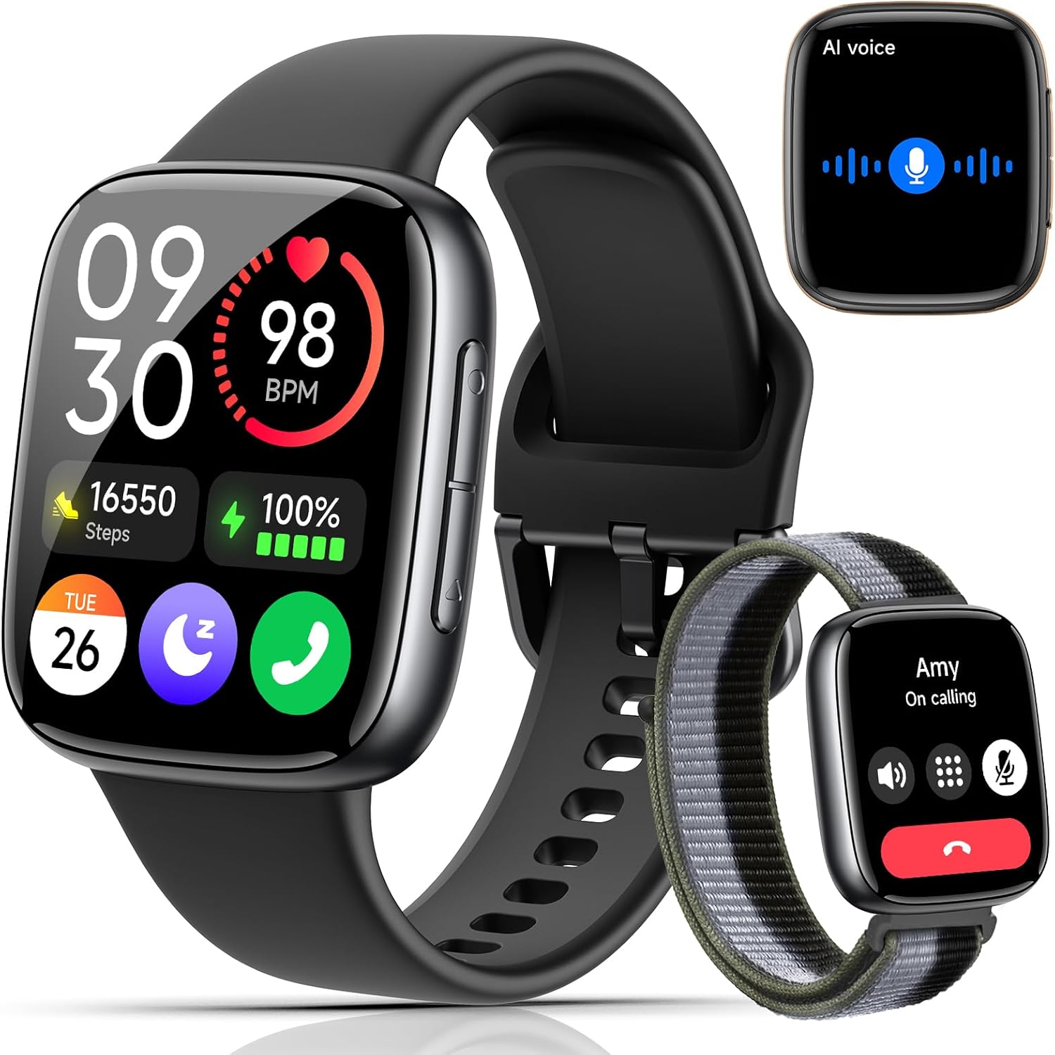 Smart Watches for Men Women (2 Bands), 1.85″ AMOLED Smart Watch for iPhone & Android Phones, Heart Rate/ SpO2/ Sleep Monitor, 3ATM Waterproof, Calls & Messages, 120+ Sports Modes Fitness Tracker Watch