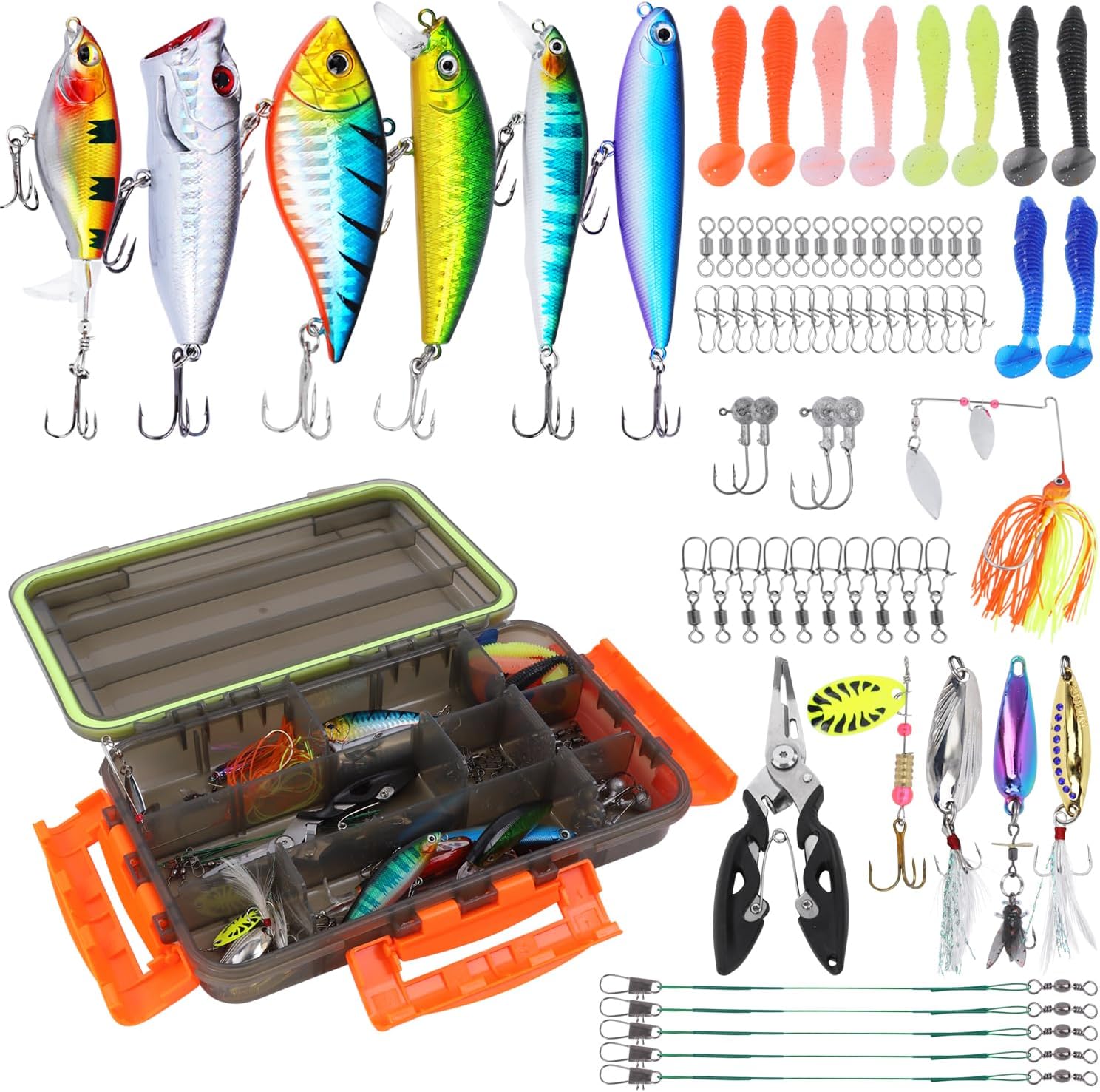 Fishing Tackle Box with Fishing Lures,72Pcs Trout Fishing Lures Kit-Pliers,Spinnerbaits,Hooks,Fishing Swivel,Saltwater &Freshwater Fishing Gear and Equipment,Fishing Gifts for Men