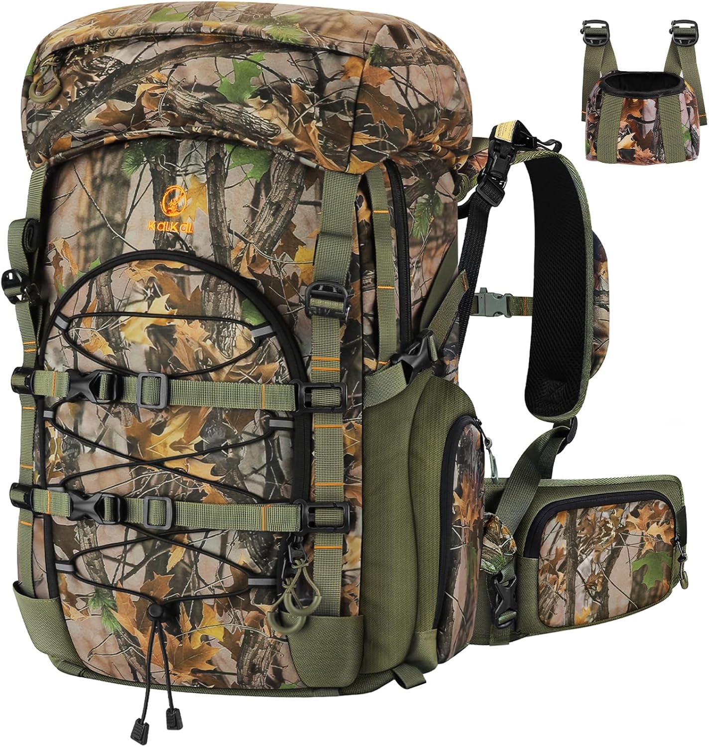 Kalkal Hunting Backpack with Magnetic Quick-Release Rifle System, 42L Waterproof Silent Camo Bow Hunting Pack with Rain Cover