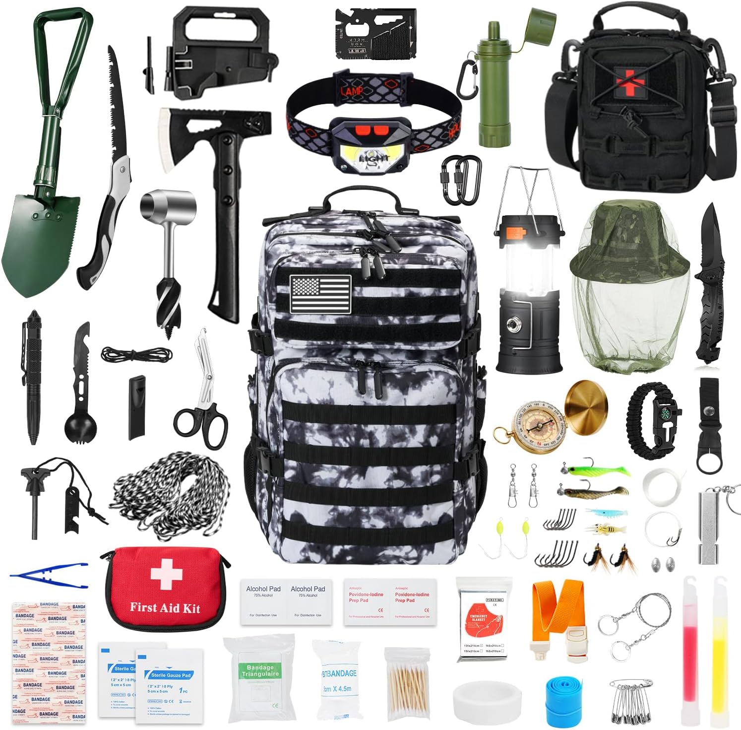 Professional Survival Gear Set – First Aid Kit and Large Camping Backpack, Camping Equipment for Adventure Outdoor Hiking Adventurers