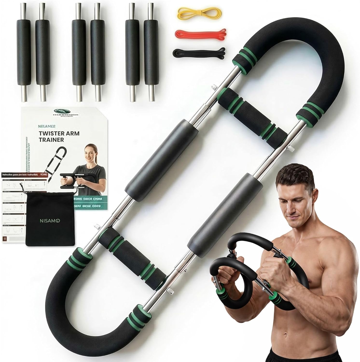 Twister Arm Trainer, Adjustable Chest & Arm Workout Equipment for Men & Women with 6 Springs (30-120 lbs) & 3 Resistance Bands, Home Workout Equipment and Forearm Trainer with Poster & Storage Bag