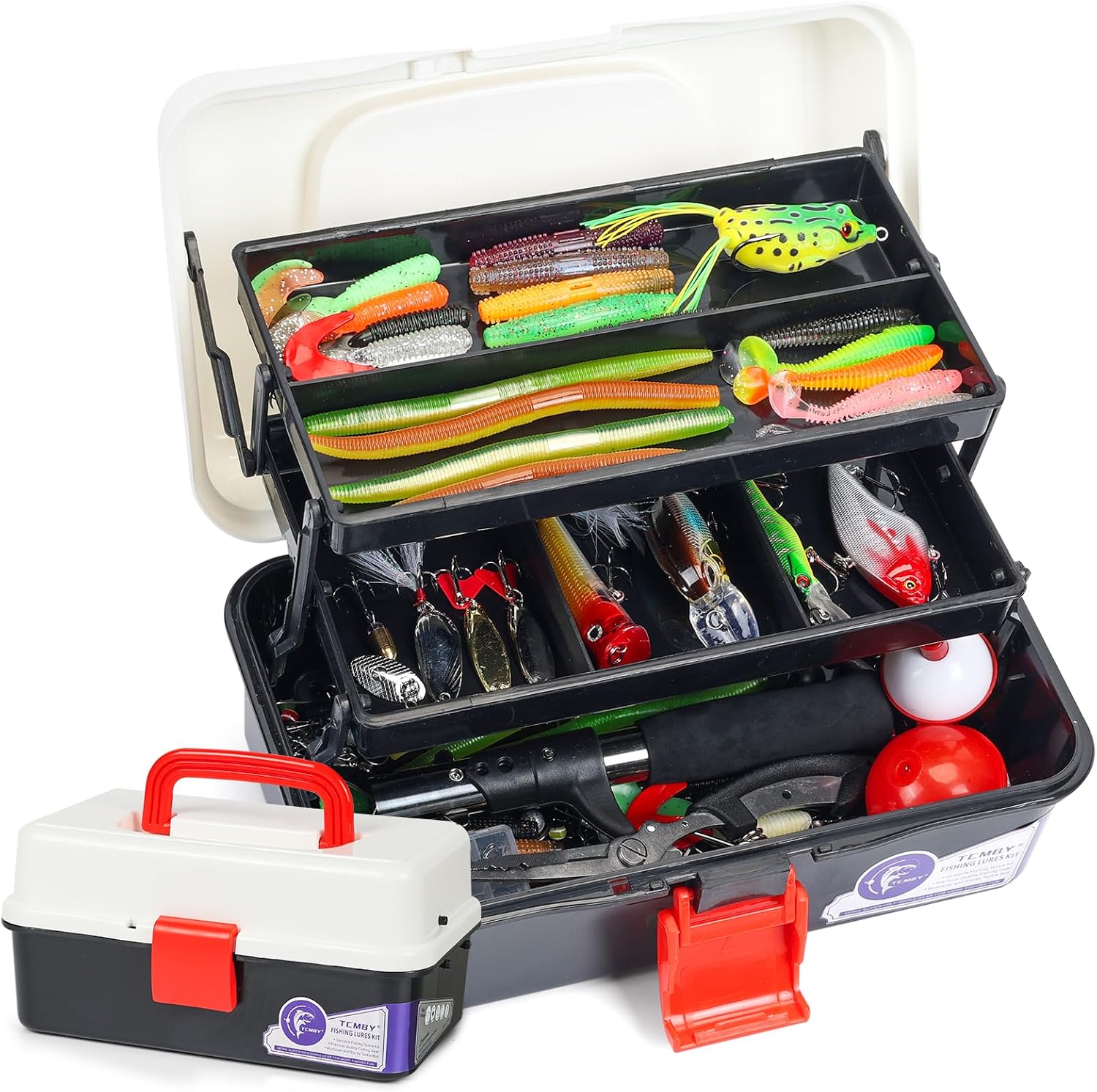 TCMBY 3 Layers Tackle Box with Tackle Included, 321Pcs Fishing Lures Kit Contains Pliers, Crankbait, Hooks, Weights & Accessories, Fishing Gear Bait Lure Gifts for Men Bass Freshwater (White Black)