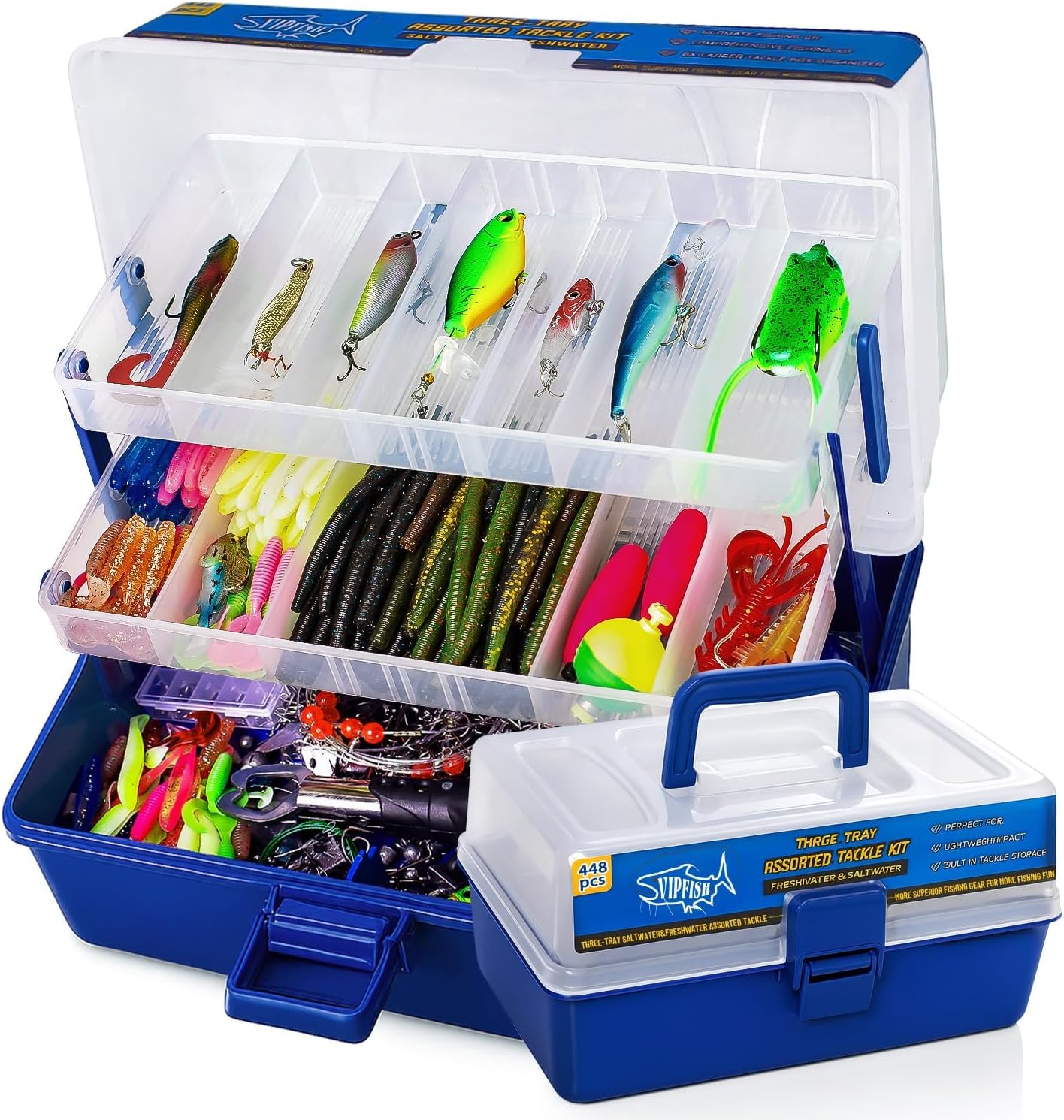 448-Pcs Fishing Lures Kit – Complete 3-Layer Tackle Box Set with Hooks, Weights, Bobbers, Pliers, Rigs, Leaders, Fluorocarbon Line, Accessories & More for Kids Fishing Gear