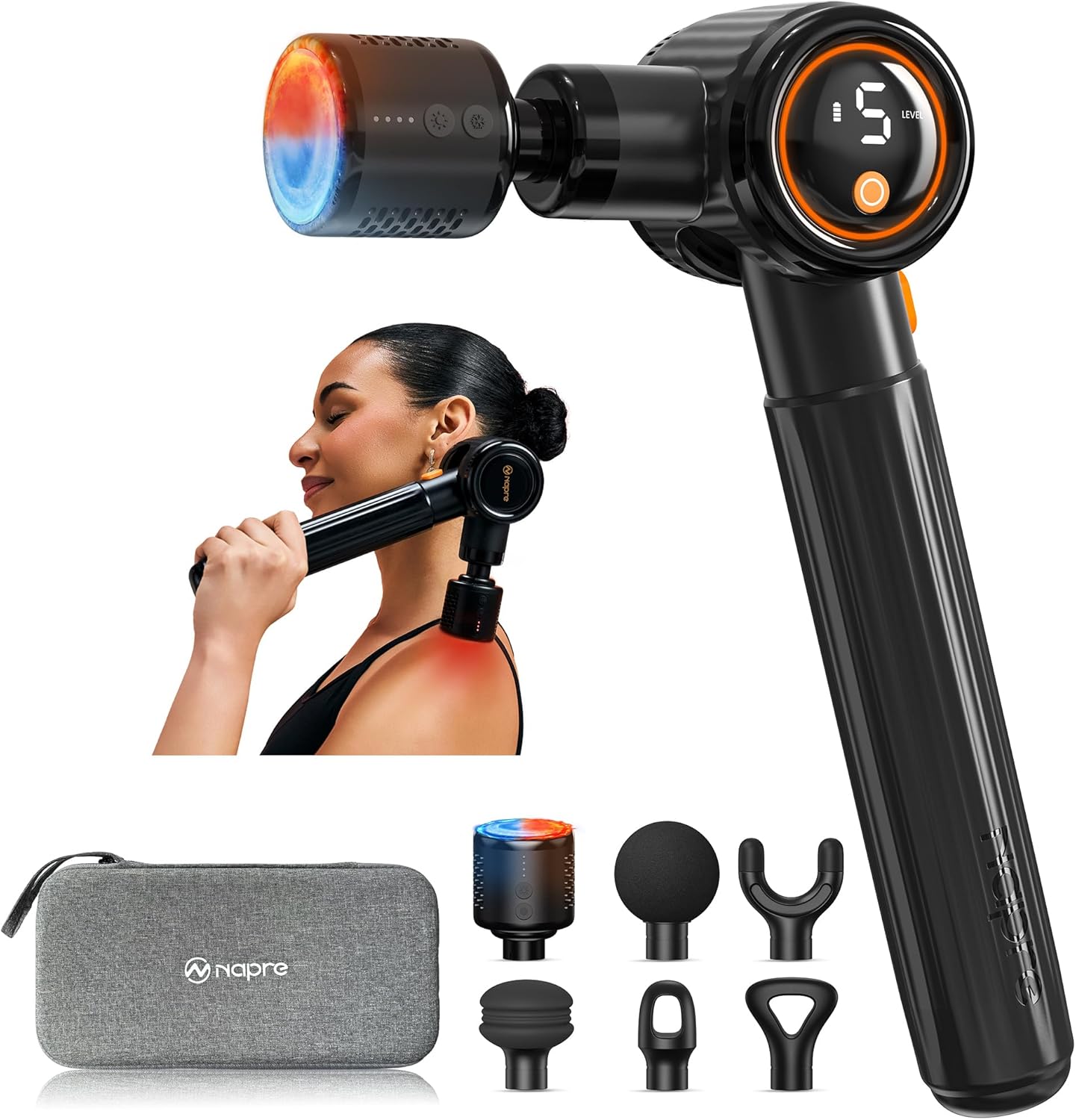 NAPRE Massage Gun with Heat and Cold,Massage Gun Deep Tissue with Extension Handle & 3 Adjustable Angles,Handheld Percussion Back Massager for Muscle/Neck/Body Pain Relief with Case, Black