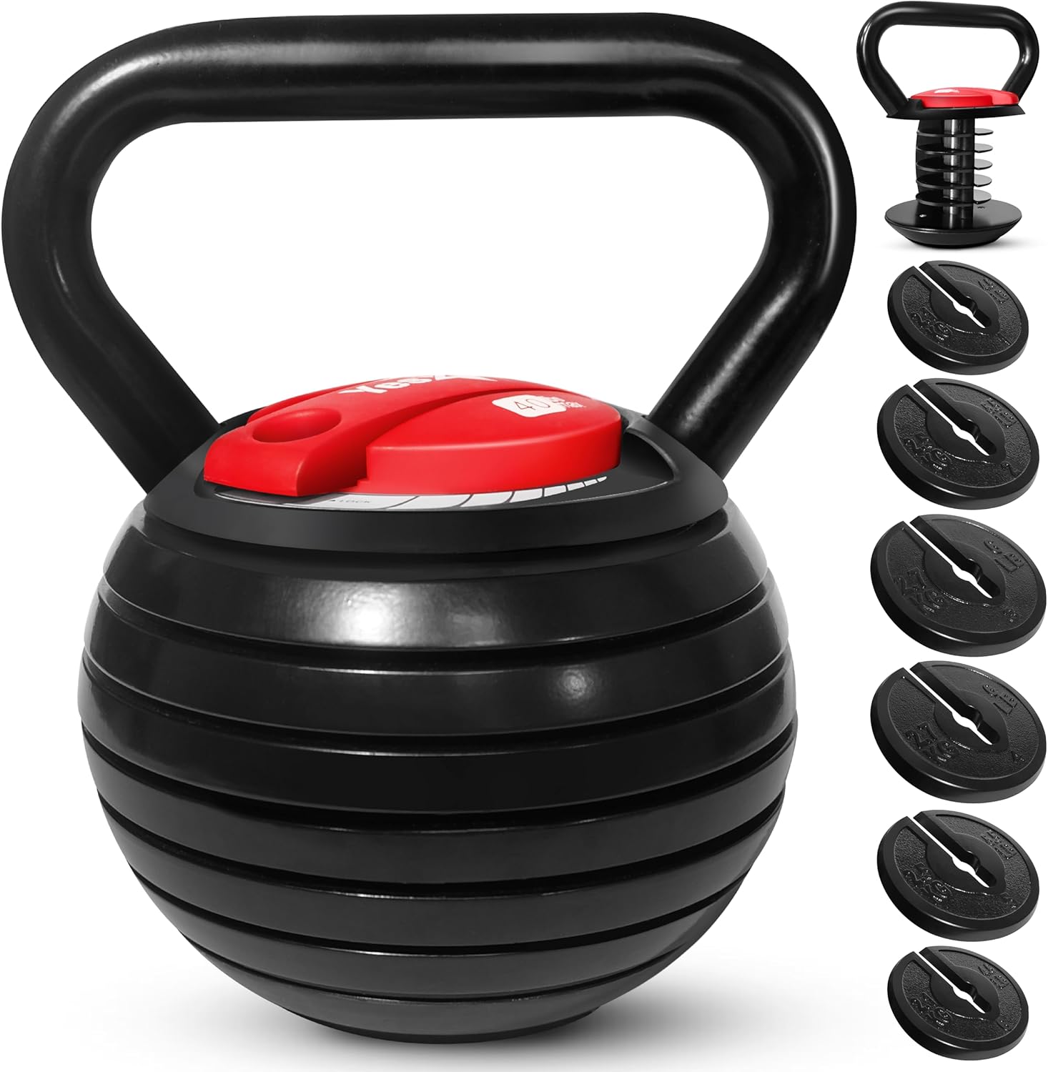 Yes4All Adjustable Kettlebell Set, 20–40 LB Weight Set, Solid Cast Iron Handle with Spacer Disks & Secure Lock, Space-Saving Kettlebell for Home Gym Strength Training, Black