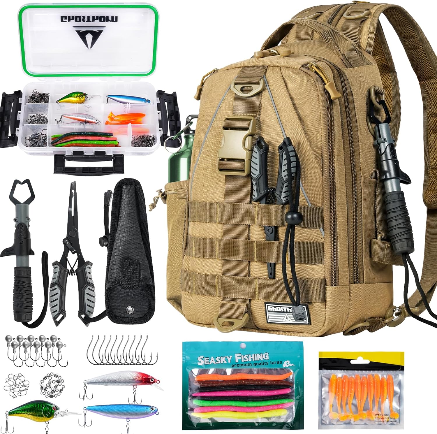 Ghosthorn Fishing Backpack Tackle Sling Bag-Backpack with Rod Holder- Lightweight Tackle Box Fly Fishing Gifts for Men Women