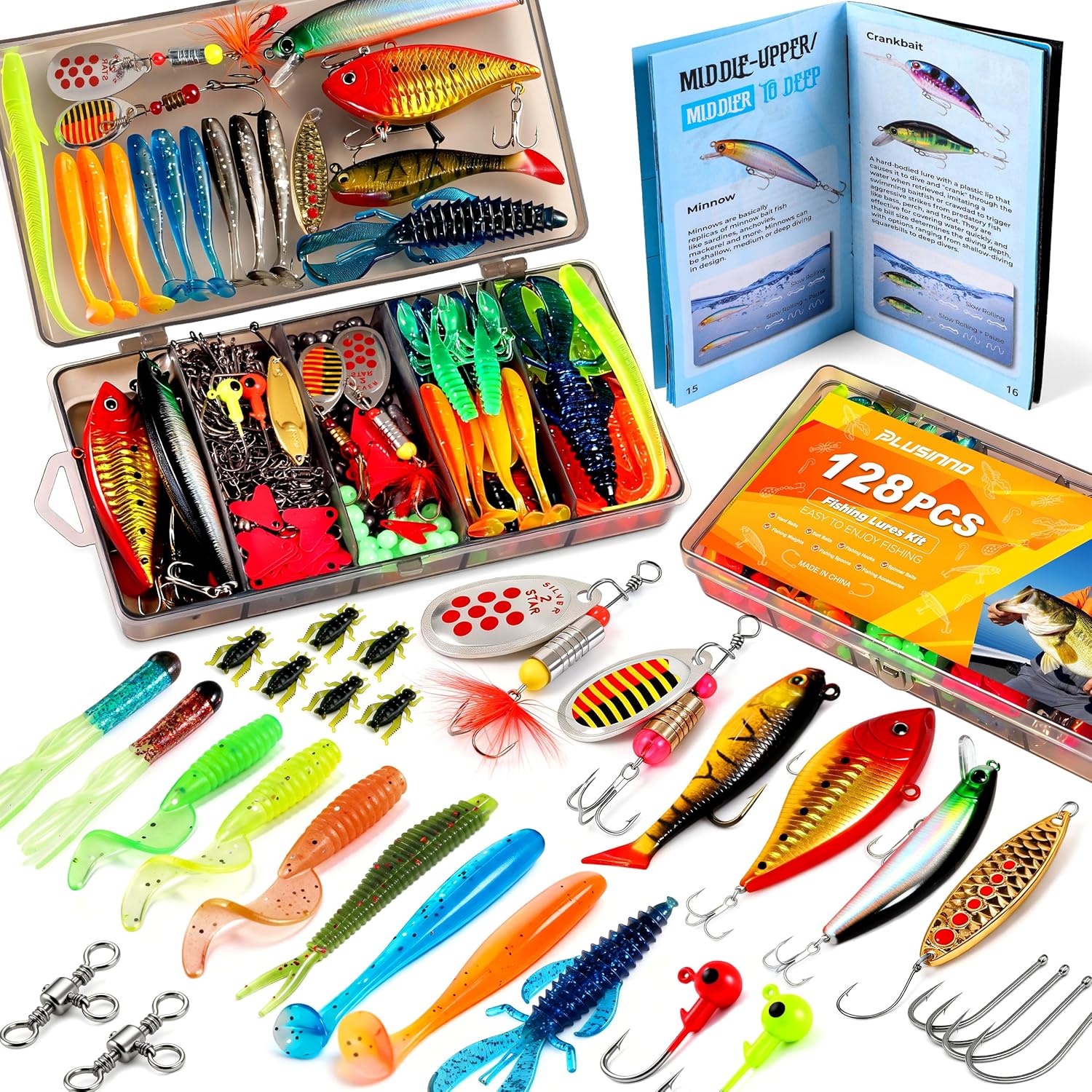 PLUSINNO Fishing Lures, 128Pcs All-in-One Fishing Tackle Box with Step-by-Step Handbook, Fishing Gear & Bait Accessories Kit for Freshwater Bass, Ideal Fishing Gifts for Men, Father & Beginners