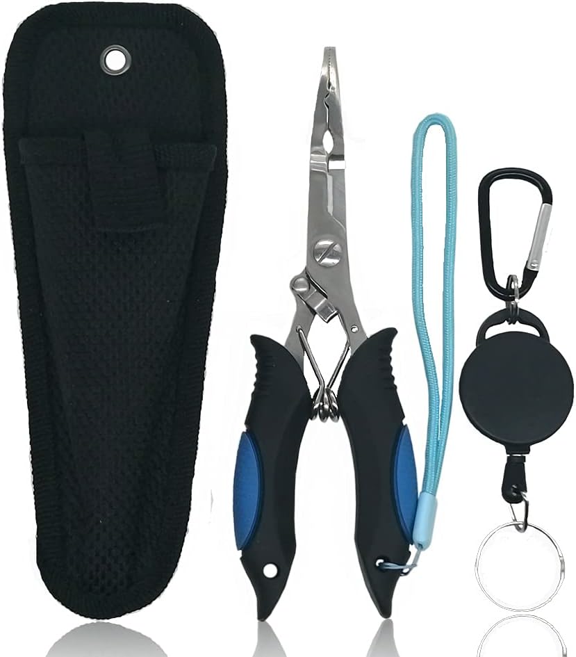 Stainless Steel Fishing Pliers – Needle Nose Plier for Cutting Fishing Line, Multitool Pliers with Sheath and Telescopic Lanyard | Fishing Tools