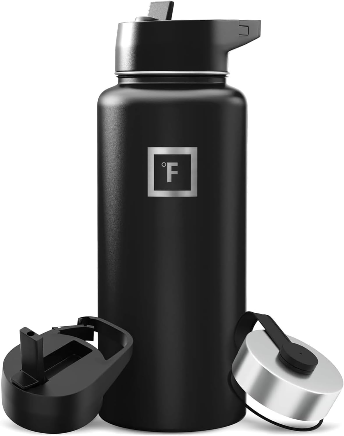 IRON °FLASK Camping & Hiking Hydration Flask with Straw, Wide Mouth Insulated Stainless Steel Sports Water Bottle – 32 oz Midnight Black