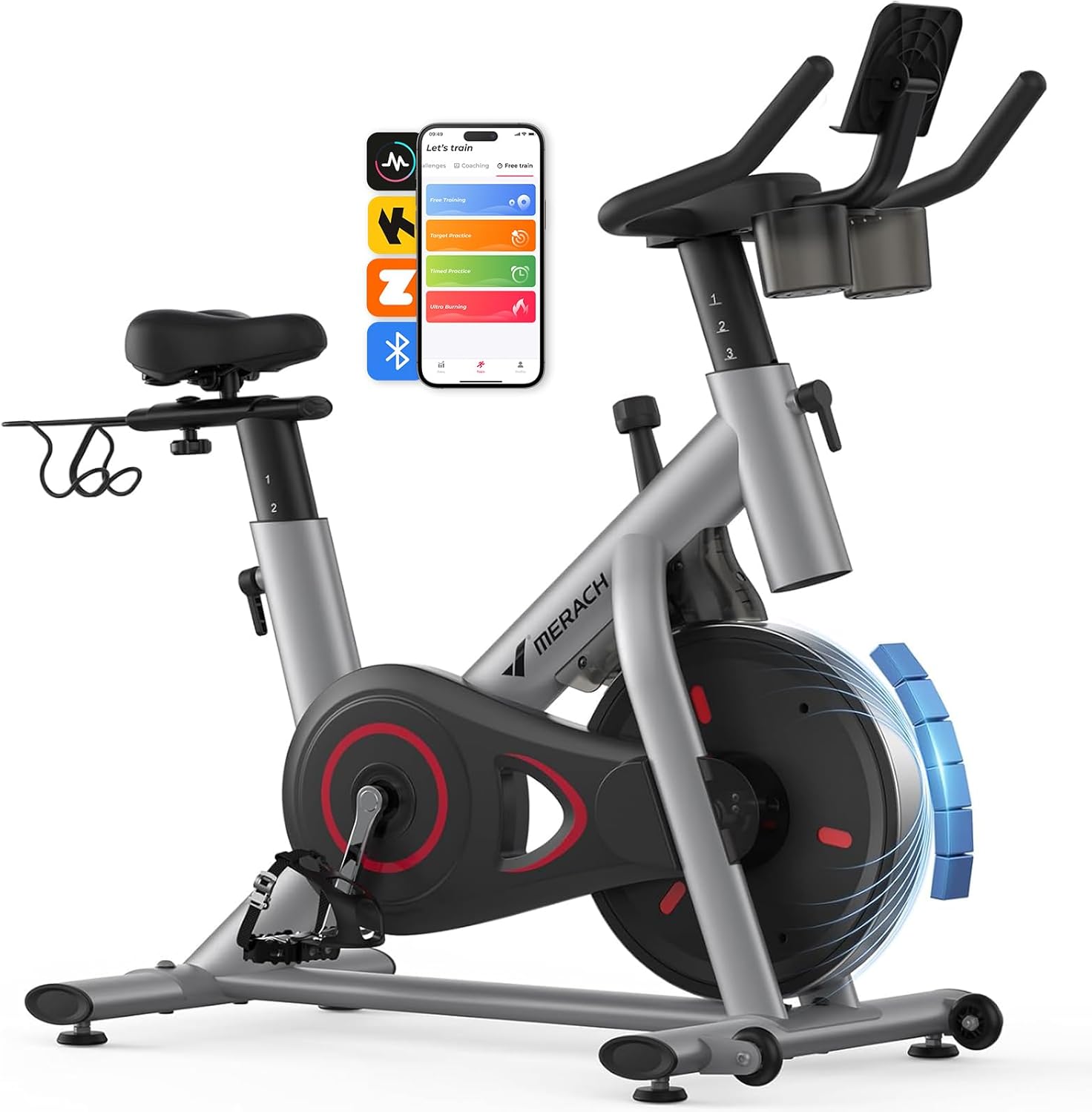 Merach Exercise Bike, Magnetic Friction Stationary Bike with Brake Pad and Exclusive App, Low Noise Indoor Cycling Bike with 300lbs Weight Capacity, Tablet Mount and Fitness Courses for Weight Loss