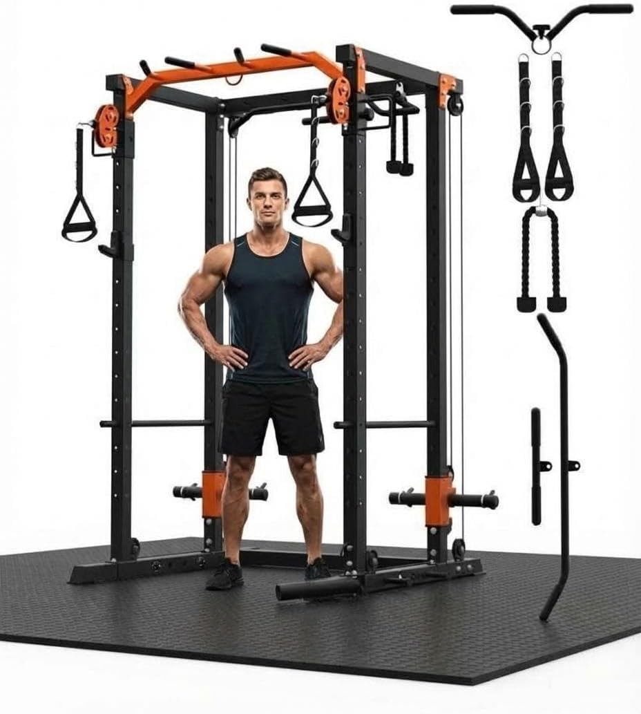 Power Cage with LAT Pulldown & Cable Crossover System, 2000LBS Multi-Functional Power Rack, All-in-1 Weight Cage Home Gym with Adjustable Pulley System, Squat Rack for Garage, Home