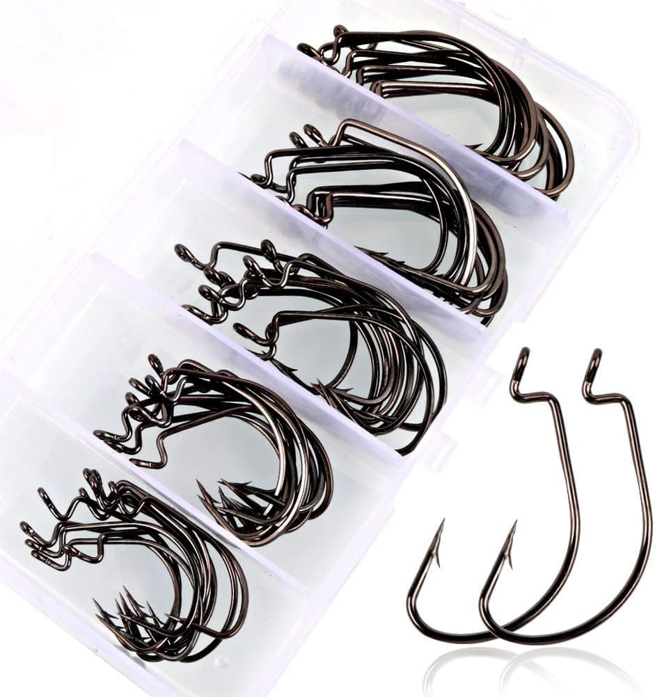Sougayilang Offset Shank Worm Hooks – High Carbon Steel Weedless Fishing Hooks for Soft Plastic Baits, Texas Rig, Freshwater & Saltwater – 50PCS in 5 Sizes with Plastic Box