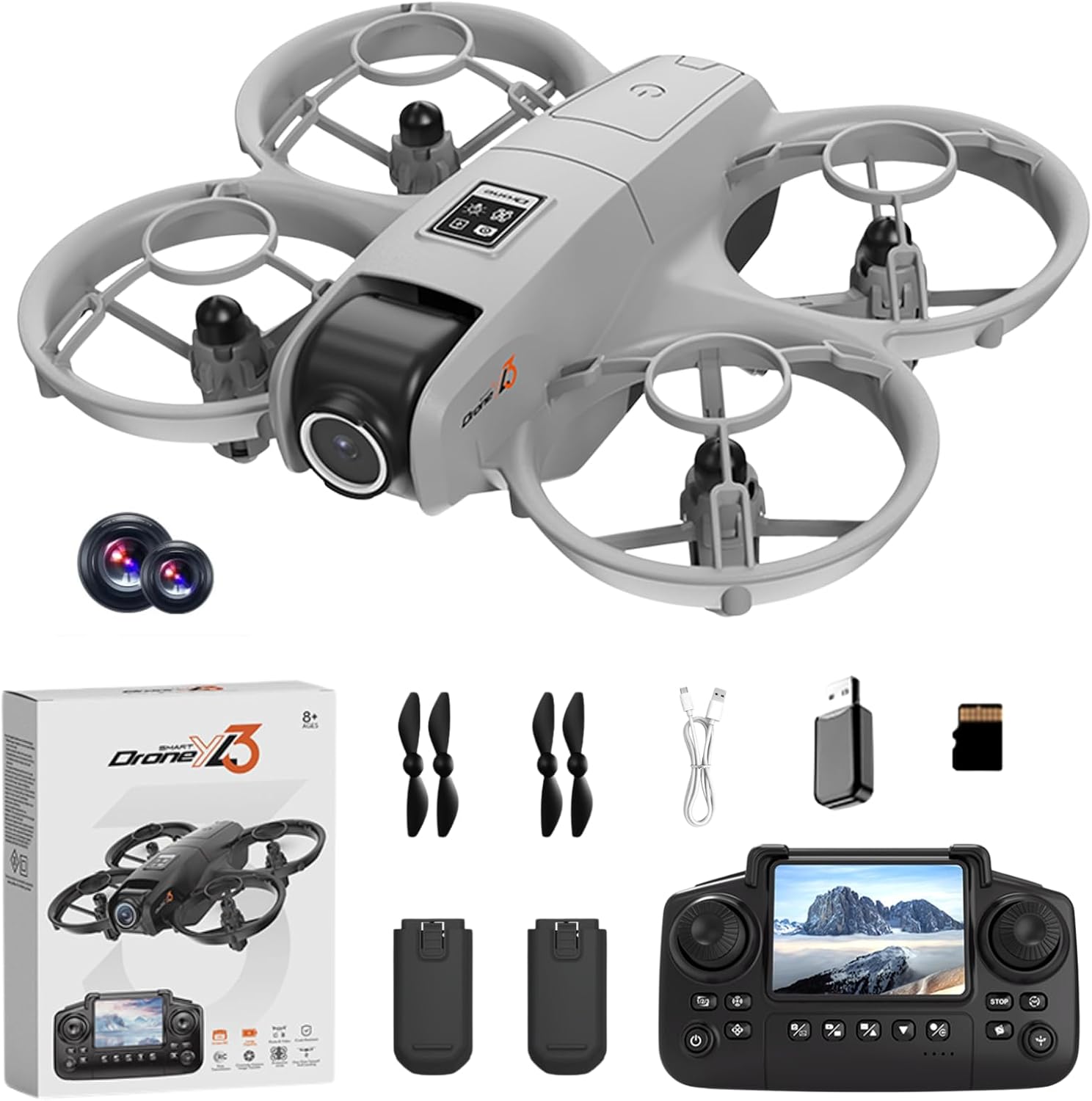 Mini Drone With HD Dual Cameras Propeller Safety Protection, 3 Speed Adjustable RC Drones, Headless Mode, One-Key Takeoff/Landing 360° Rolling YL3 Quadcopter with 2 Batteries for Adult and Beginners (Grey)