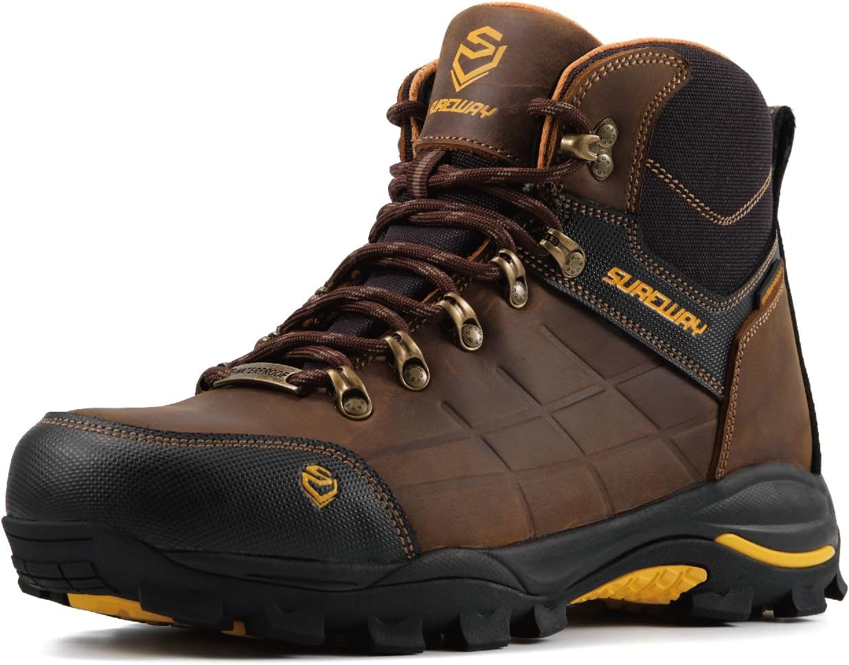 SUREWAY Men’s 6″ Soft/Steel Toe Lightweight Waterproof Work Boot – Leather,Lace Up,Oil/Slip Resistant Dual-Density Comfortable EH Construction Industrial Ankle Safety Men Work Boots,Roofing, Hunting