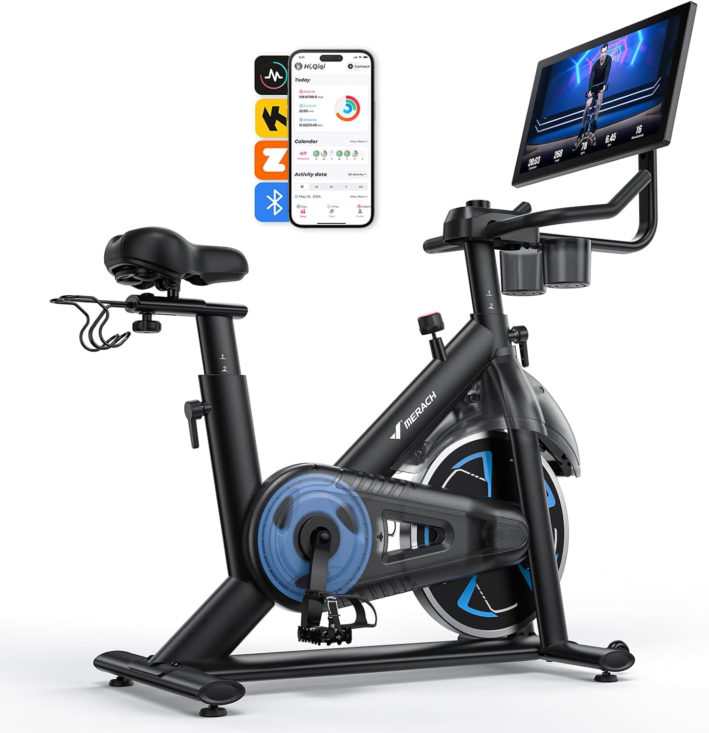 Merach Magnetic Exercise Bike with HD Display & Auto Resistance, Low Noise Stationary Bike for Home with Comfortable Seat Cushion, Spinning Bike with 350 lb Weight Capacity, Exclusive App