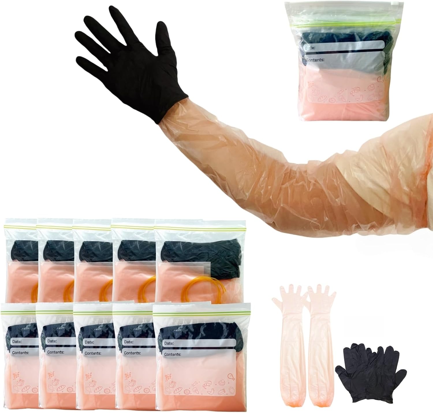 Field Dressing Glove Kit, 10 Set Individually Wrapped 10 Pairs Shoulder-Length Disposable Gloves and 10 Pairs Nitrile Gloves Combo Pack for Deer Gutting