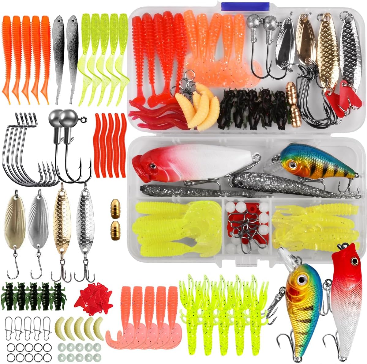 Fishing Lures Tackle Bait Kit Set – Comprehensive Fishing Lures Kit for Trout Bass Salmon – Includes Plastic Shrimp, Worm Bait, Spoon, and Crankbait Jigs