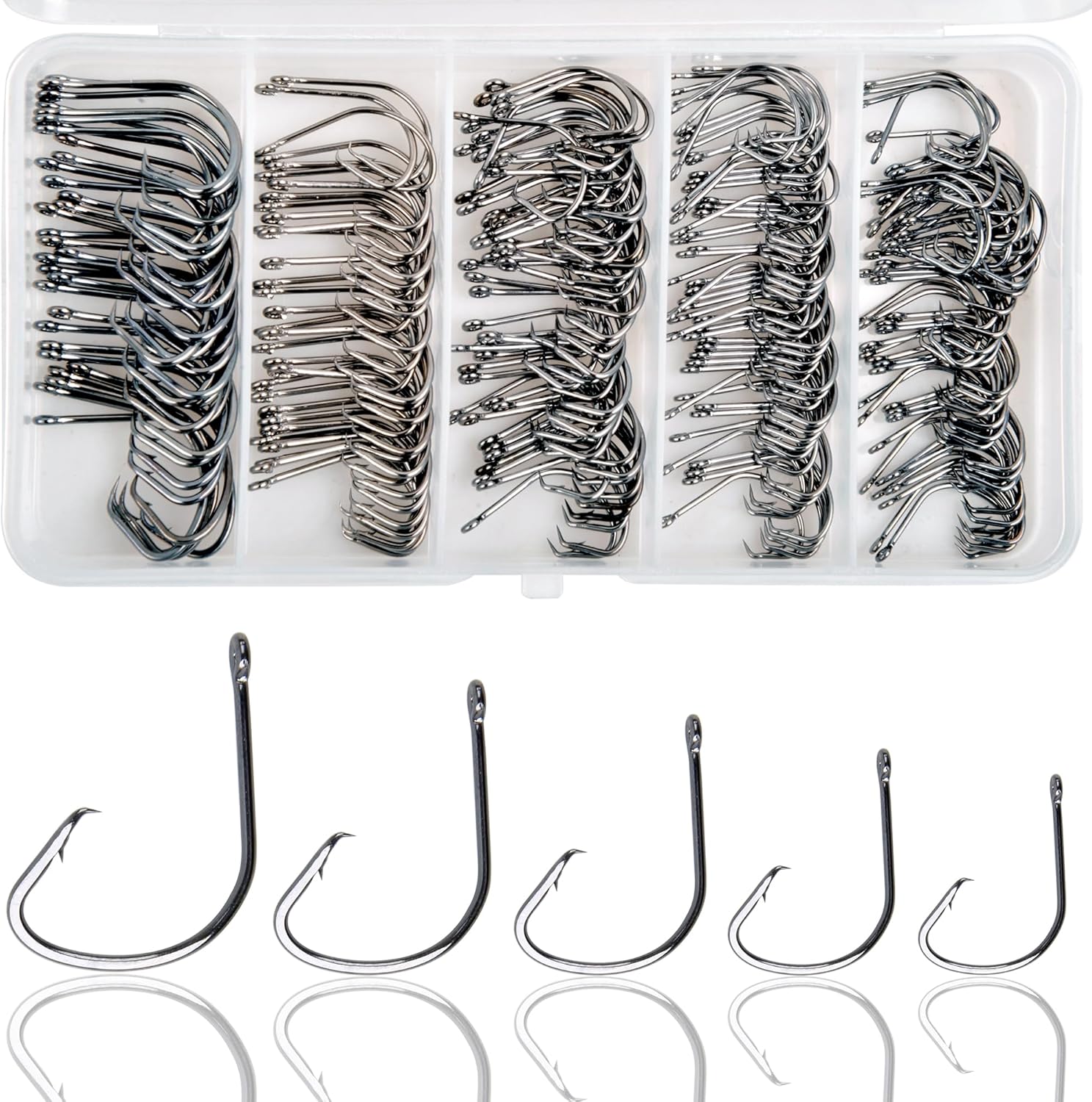 210pcs Fishing Hooks Kit Saltwater Freshwater Circle Hooks High Carbon Steel Barb Fish Hooks Fishing Gear Equipment with Tackle Box Assorted Size Octopus Beak Offset Fishing Hooks