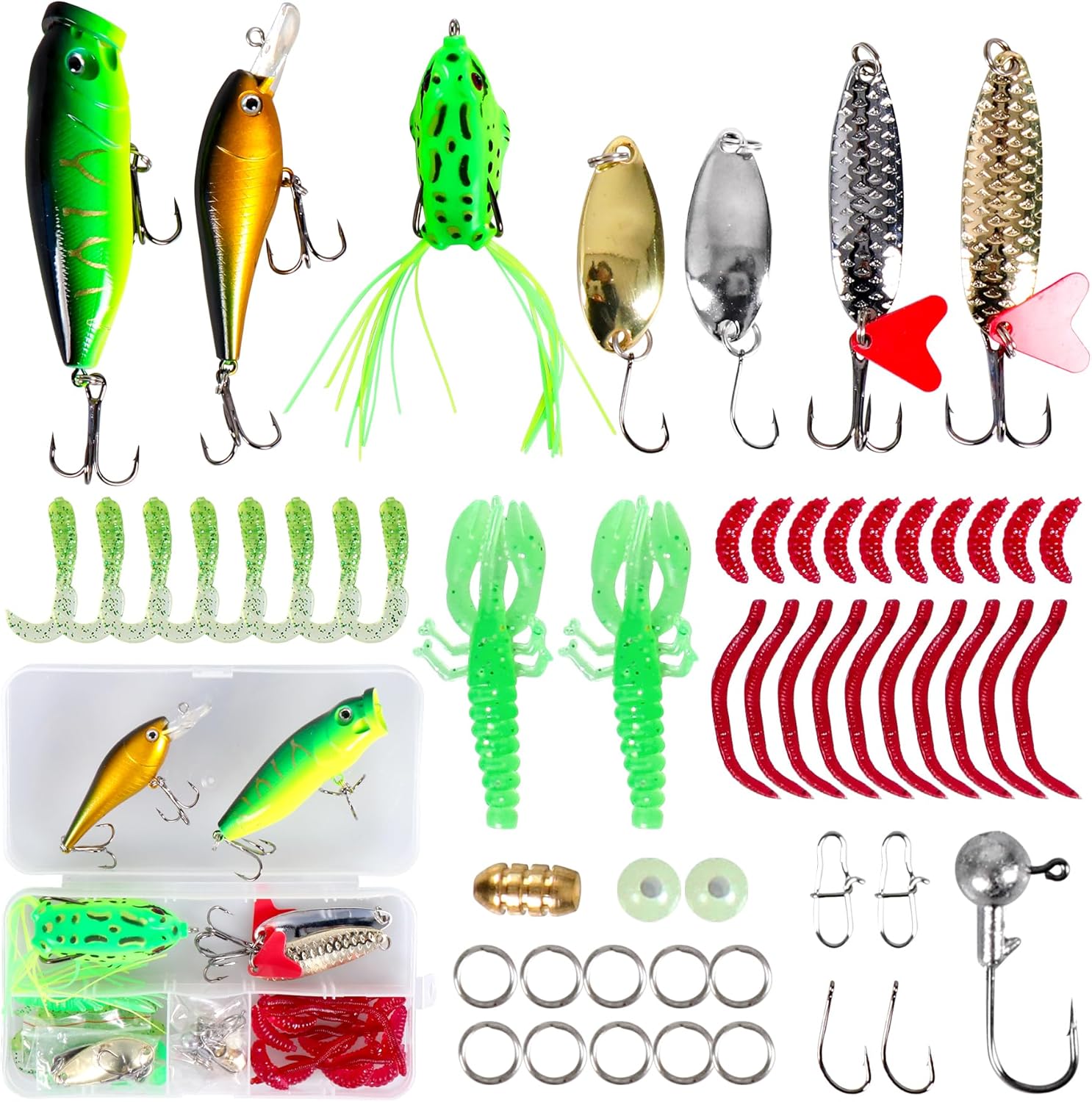 Fishing Lures Kit for Freshwater Bait Tackle Kit for Bass Trout Salmon Fishing Accessories Tackle Box Including Spoon Lures Soft Plastic Worms