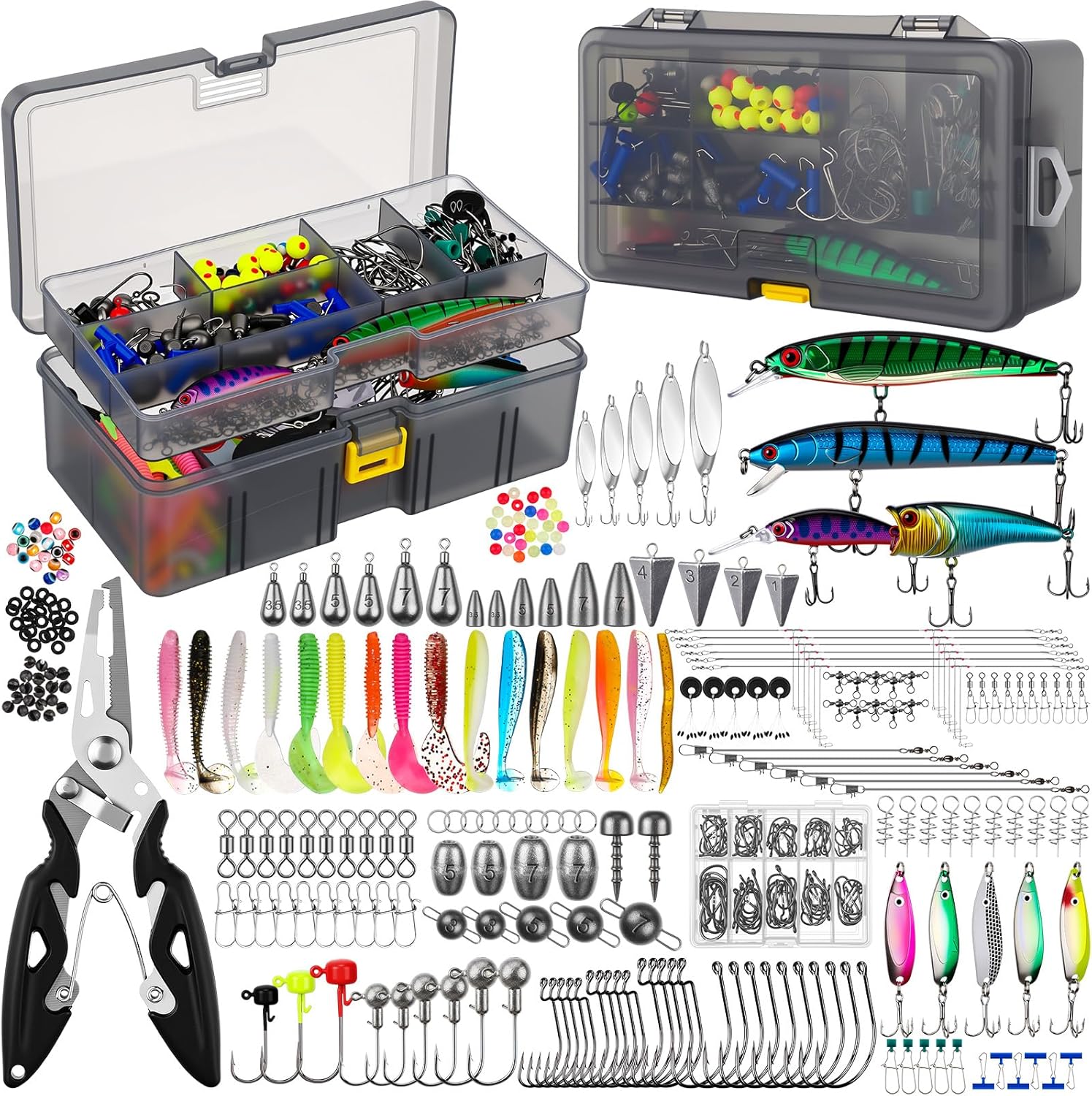 Fishing Lures Kit with Tackle Box, Pliers, Fish Gripper, Saltwater Freshwater Gear Set for Bass Trout, Hooks Weights Bobbers Rigs Leaders