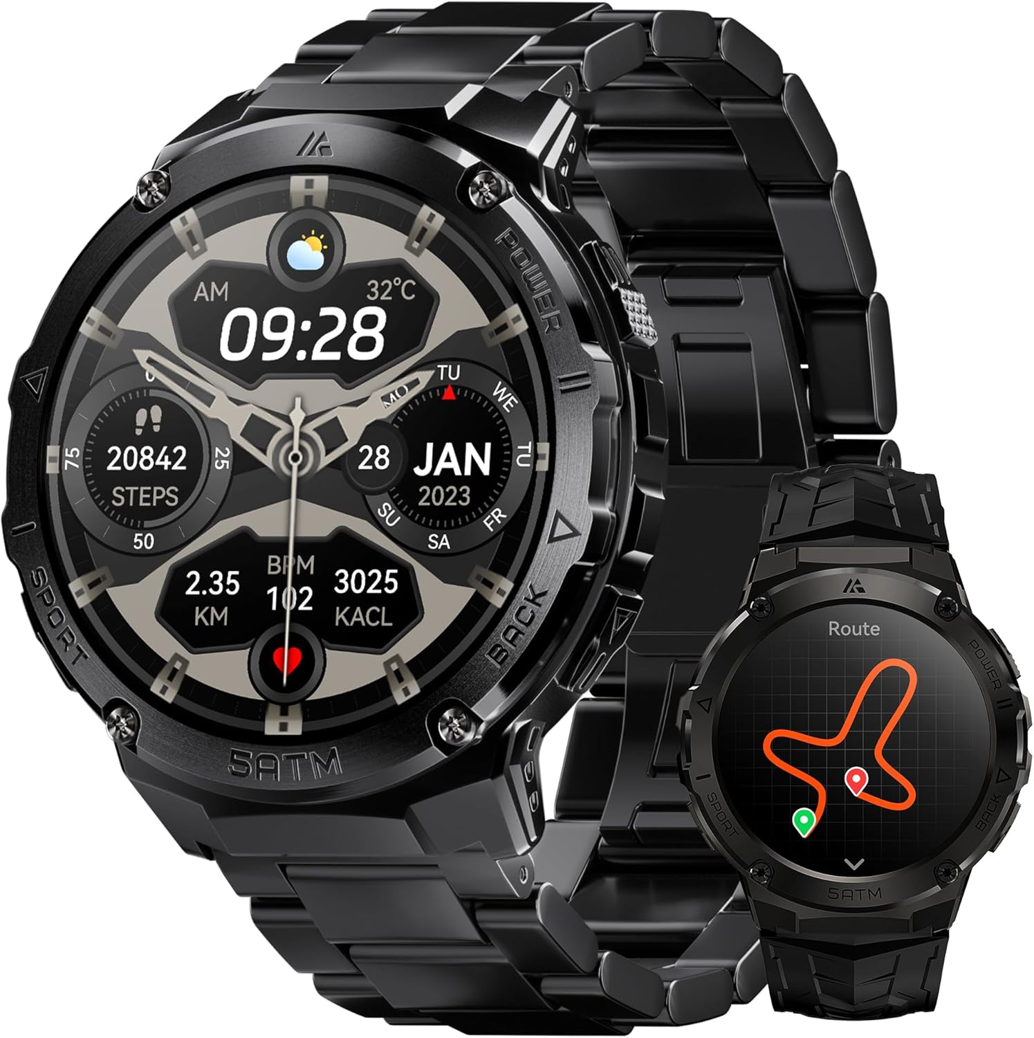 Smart Watches for Men GPS, Pressure,Altitude,Compass, 480mAh Extra-Large Battery, 50M Waterproof, Full Metal Body Rugged Smartwatch, Answer/Make Call,1.43″ AMOLED Display (Black)