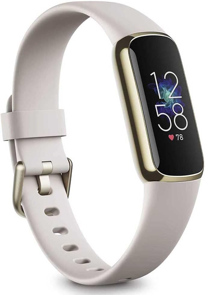 Fitbit Luxe-Fitness and Wellness-Tracker with Stress Management, Sleep-Tracking and 24/7 Heart Rate, One Size S L Bands Included, Lunar White/Soft Gold Stainless Steel, 1 Count