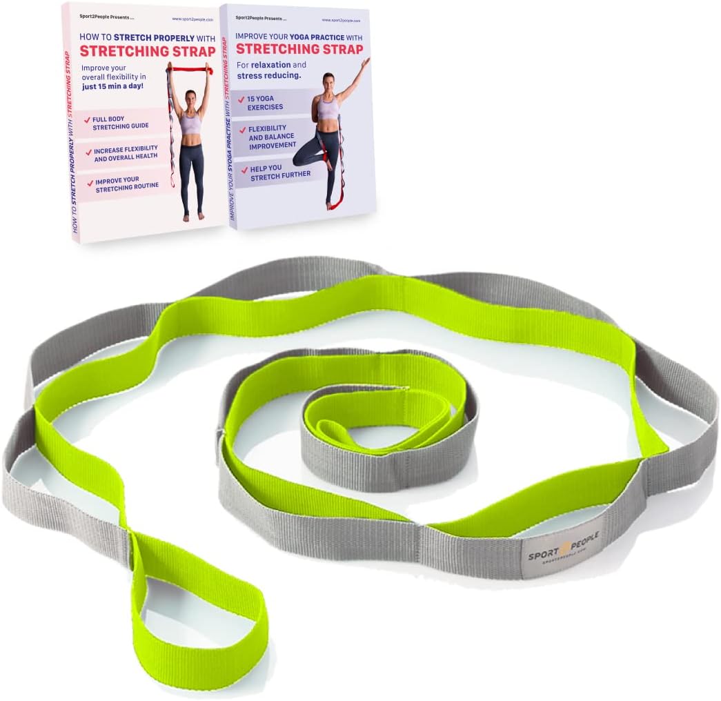 sport2people Stretching Strap for Yoga, Flexibility, Rehabilitation – 2 Free Exercise Ebooks – Get Flexible with 12-Loop Stretch Band for Rehab, Recommended by Physical Therapists and Trainers