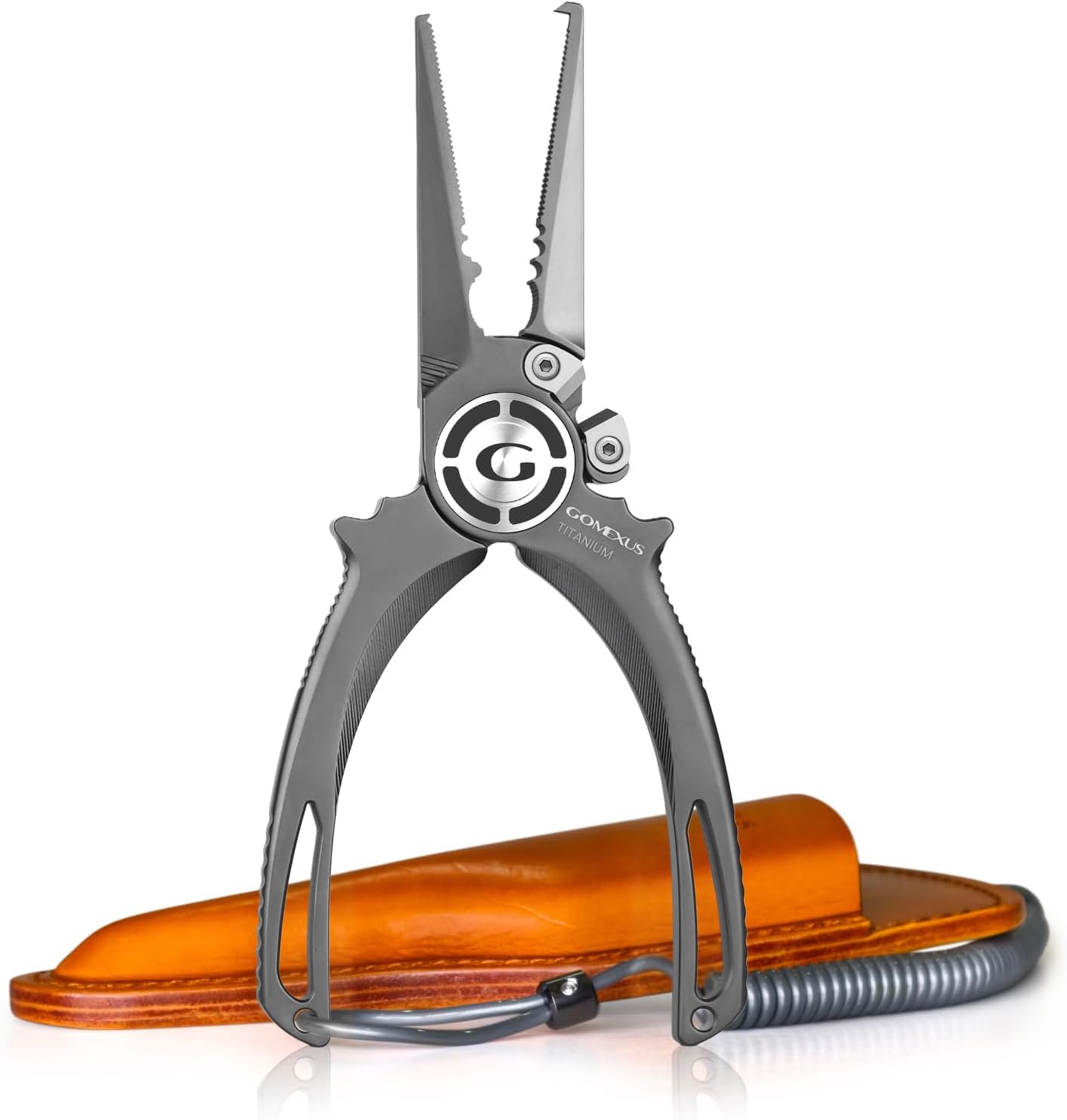GOMEXUS Fishing Pliers Saltwater with Side Cutters, Never Rust Inshore & Nearshore Titanium Fishing Gear with Lanyard & Leather Sheath, Hook Remover, (7.5” Split Ring Nose)