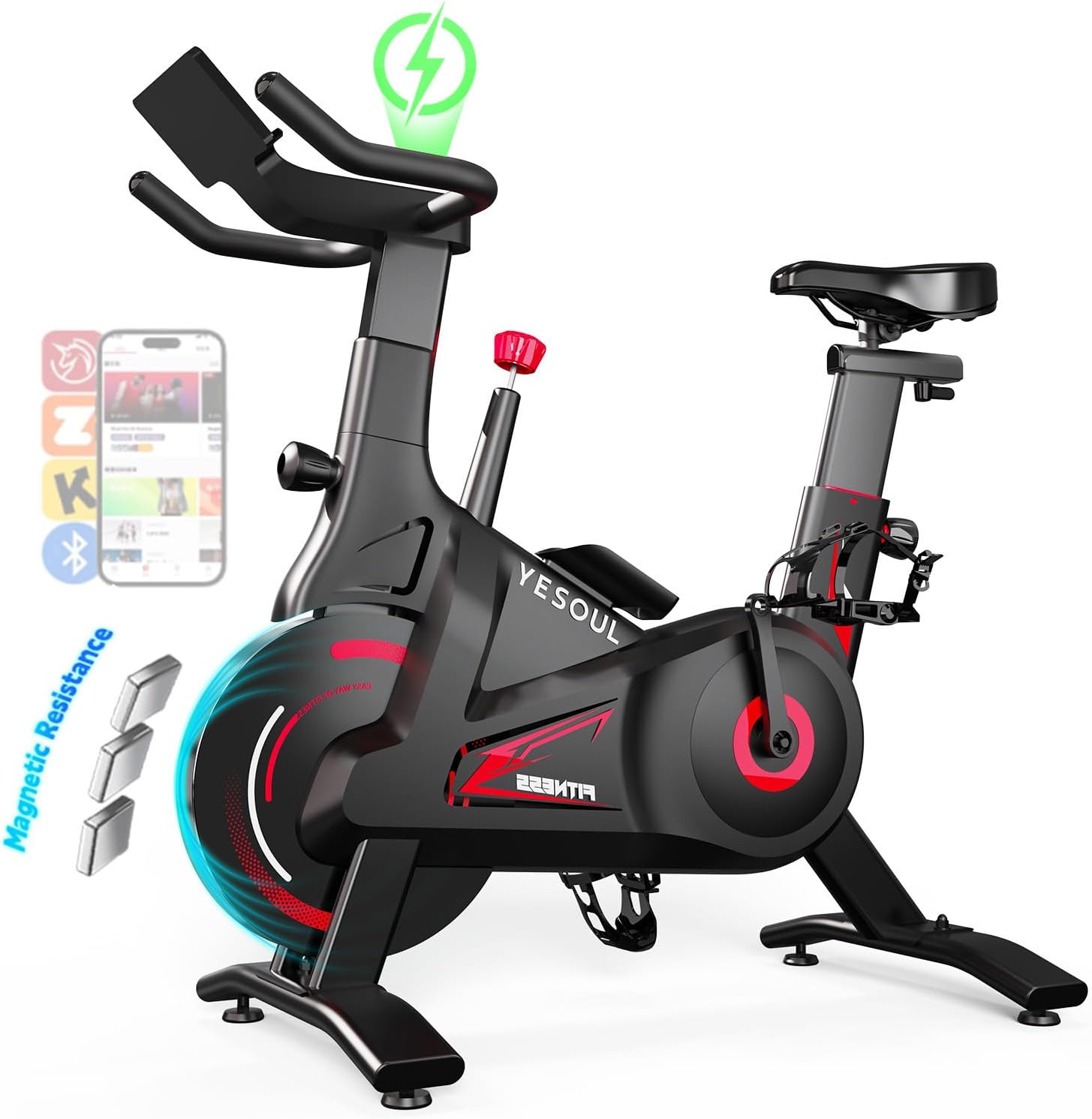 YESOUL Self-Powered Exercise Bike with Dynamic LED Lights – Stable Triangle Frame, Dual-Stage Drive, 300 lbs Capacity, Silent Magnetic Resistance, Compact Indoor Stationary Bike for Home