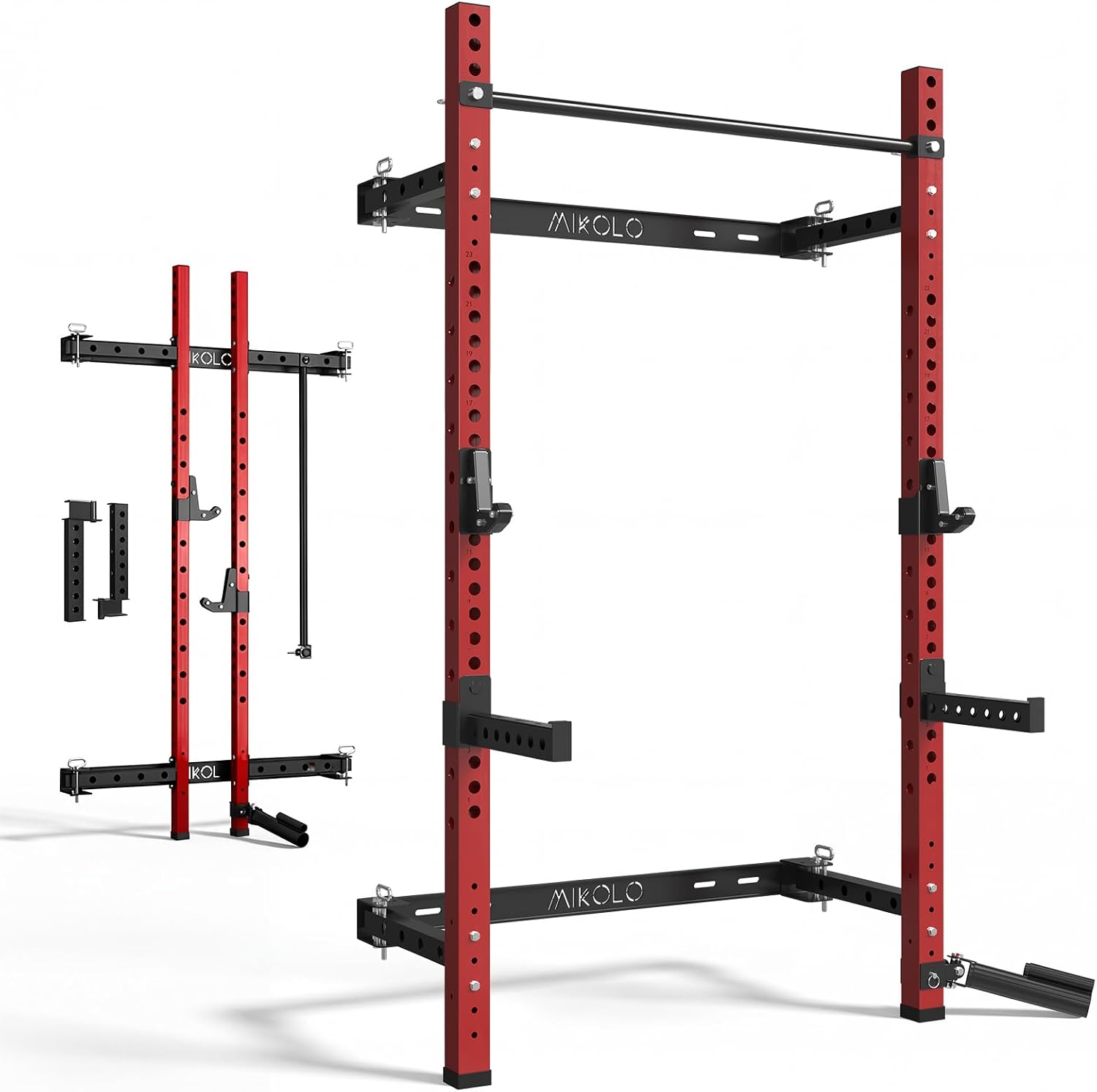 Mikolo 2″ x 2″ Folding Wall Mounted Squat Rack, 1000 Pounds Capacity Power Rack with Pull Up Bar, J Hooks and Other Attachments, Space-Saving Home Gym
